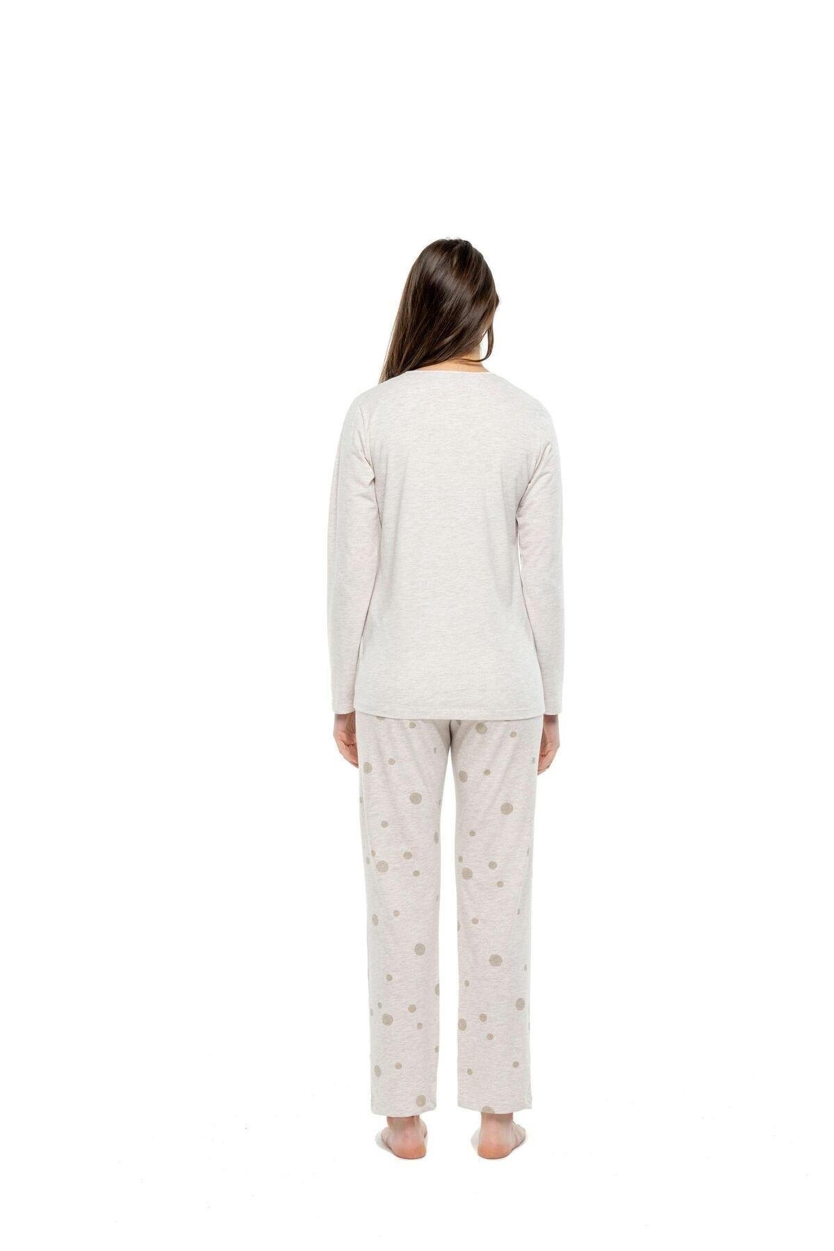 3993 Kadın Pembe Melanj Yuvarlak Yaka Uzun Kollu Pijama Takımı -pembemelanj