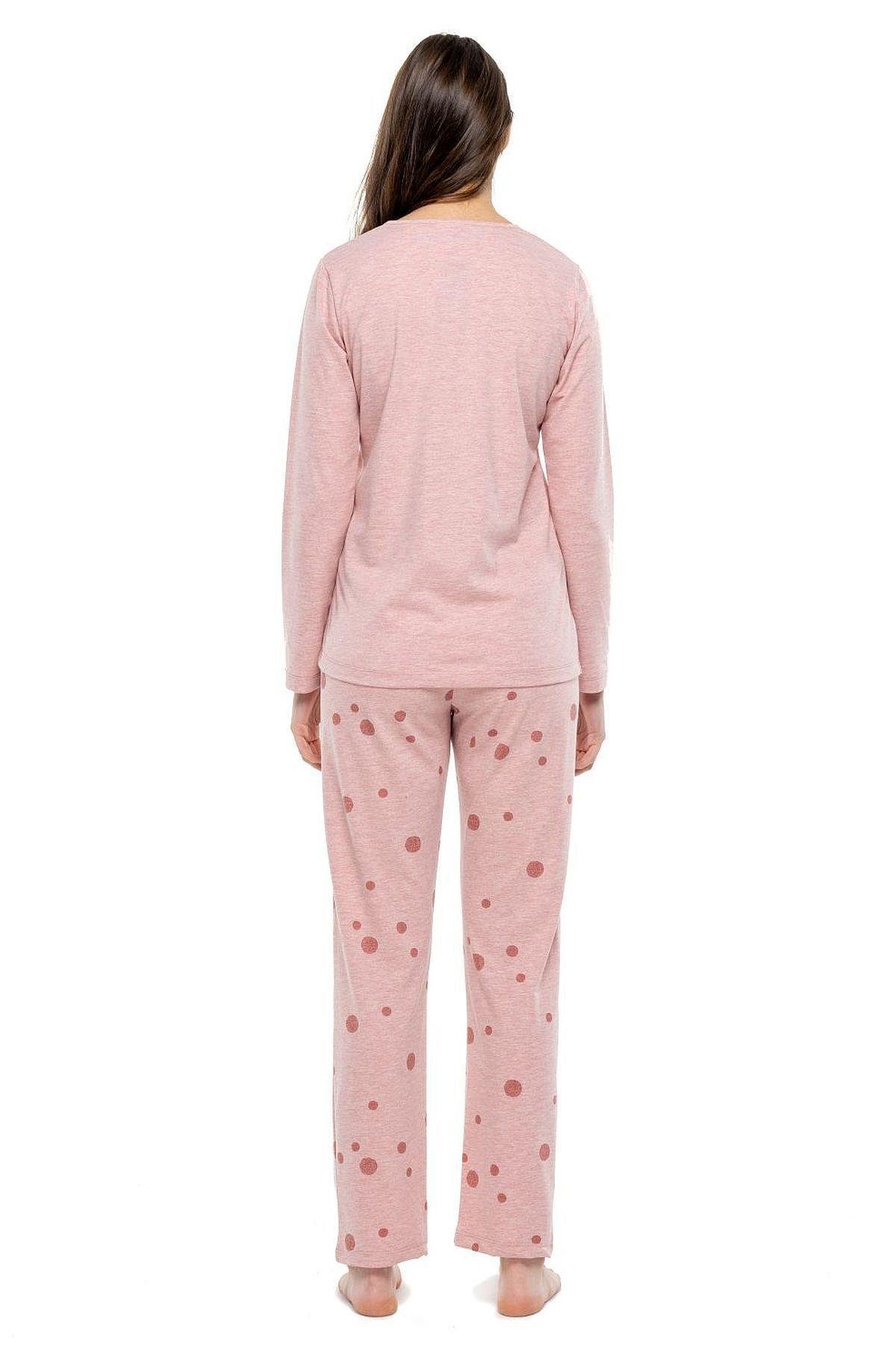 3993 Kadın Pembe Melanj Yuvarlak Yaka Uzun Kollu Pijama Takımı -pembemelanj