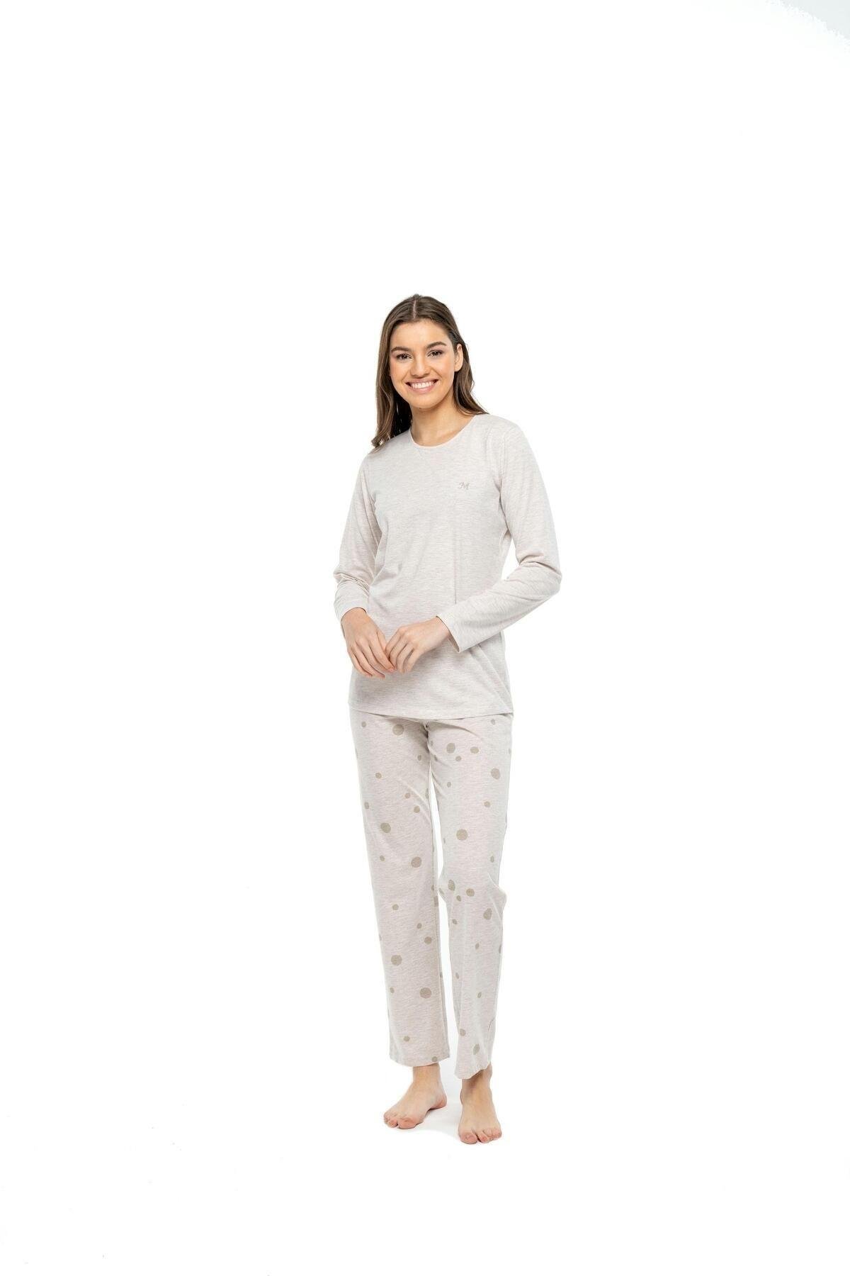 3993 Kadın Pembe Melanj Yuvarlak Yaka Uzun Kollu Pijama Takımı -pembemelanj