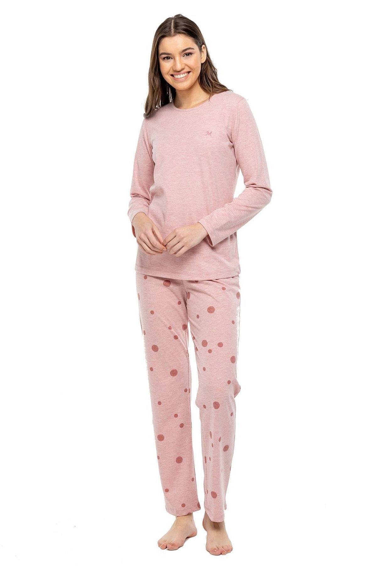 3993 Kadın Pembe Melanj Yuvarlak Yaka Uzun Kollu Pijama Takımı -pembemelanj