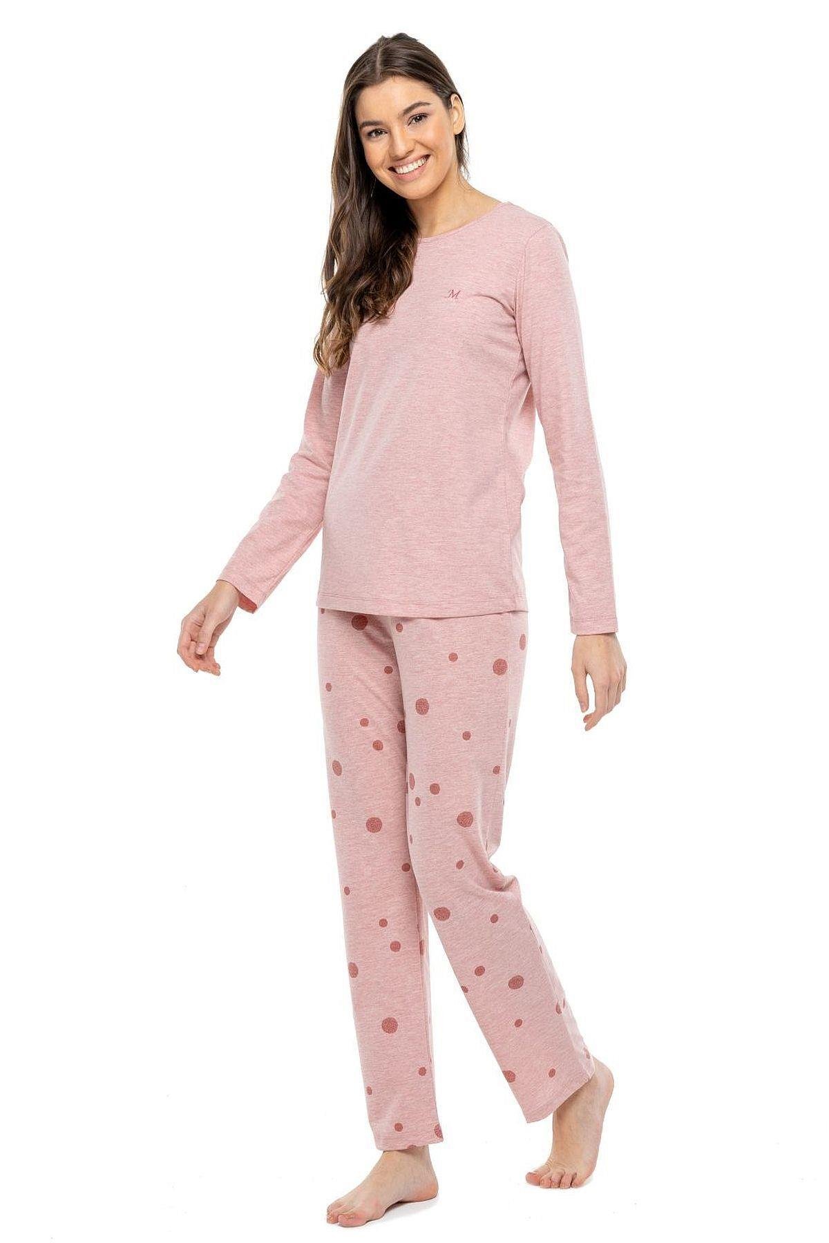 3993 Kadın Pembe Melanj Yuvarlak Yaka Uzun Kollu Pijama Takımı -pembemelanj