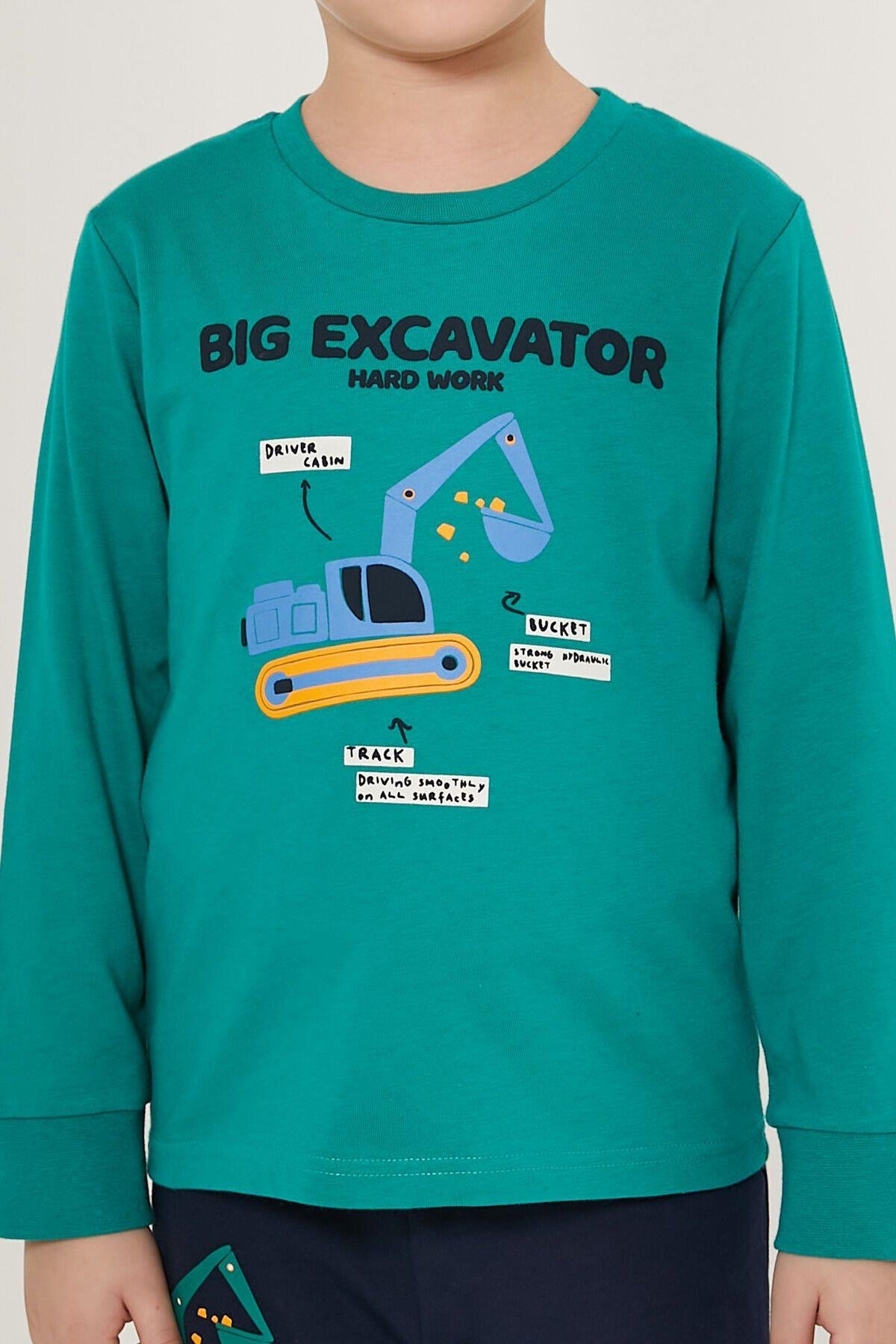 Big Excavator Koyu Yeşil Erkek Çocuk Uzun Kol Pijama Takım