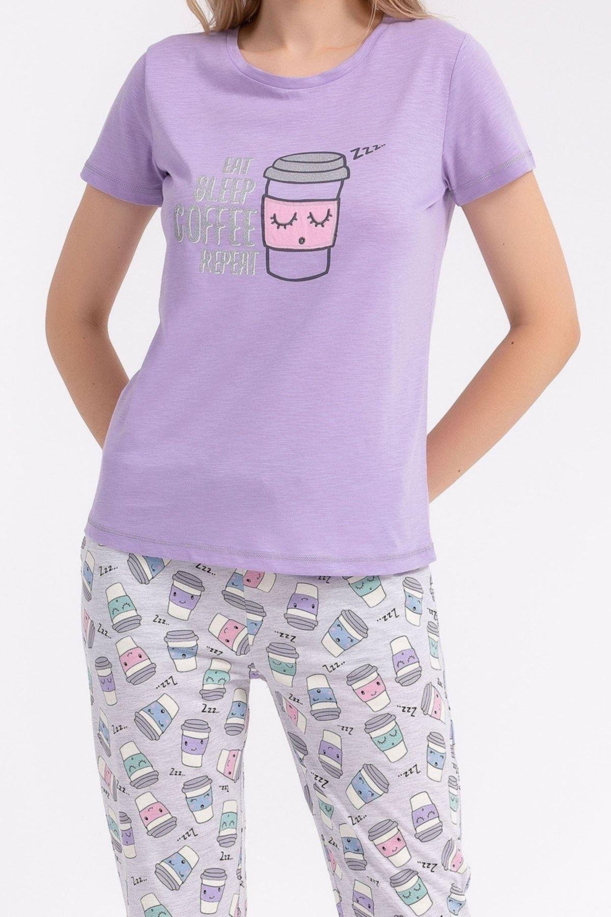 Büyük Beden Kadın Pijama Lila Renk Takım Süprem Kumaş