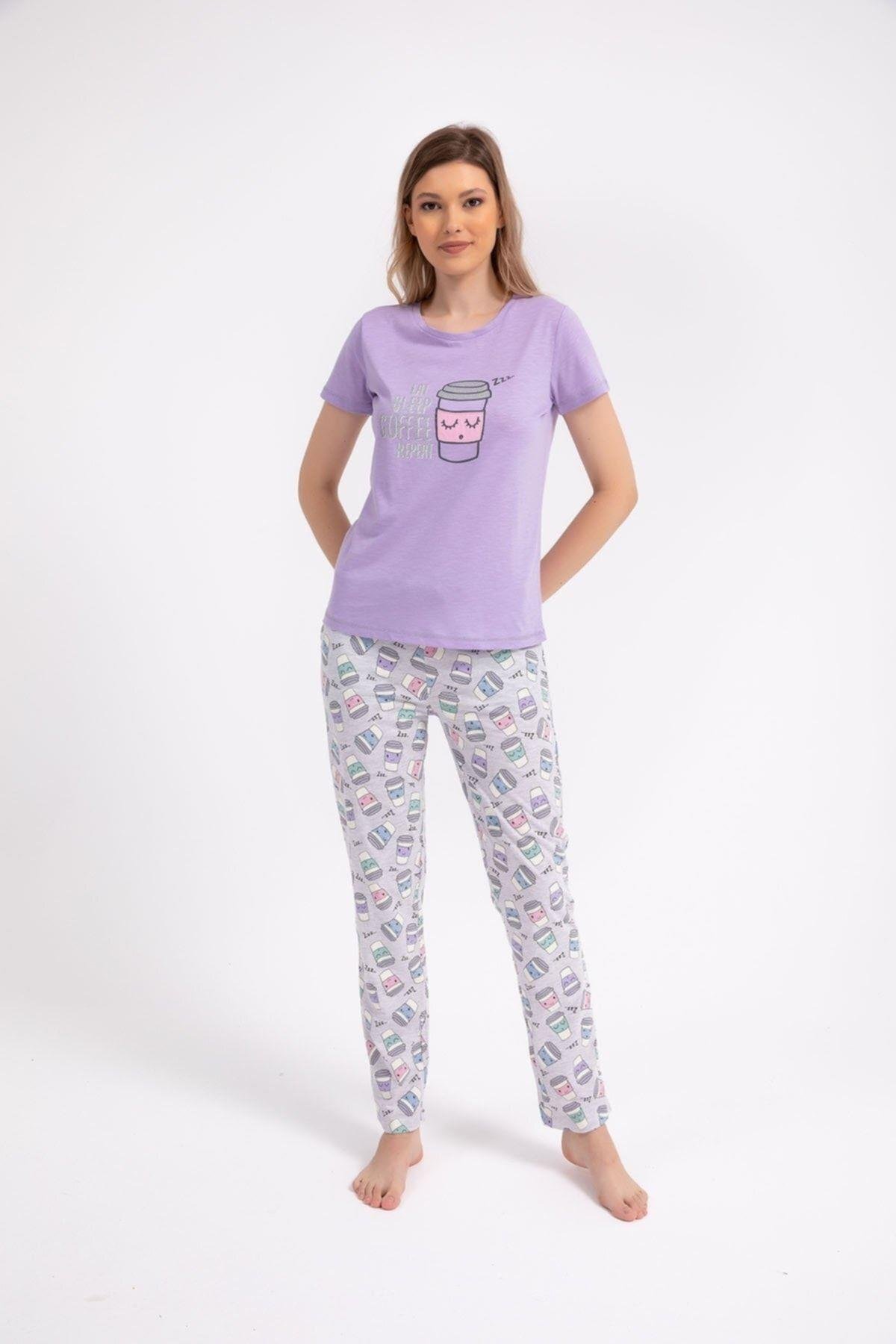 Büyük Beden Kadın Pijama Lila Renk Takım Süprem Kumaş
