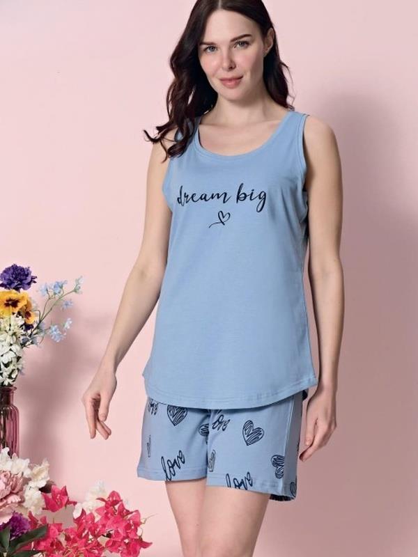 Desenli Sıfır Kol Şortlu Kadın Pijama Takımı Mavi 1988