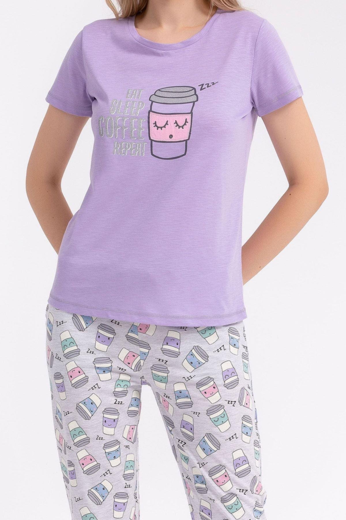 Eat Sleep Coffee Repeat Lila Kadın Pijama Takımı