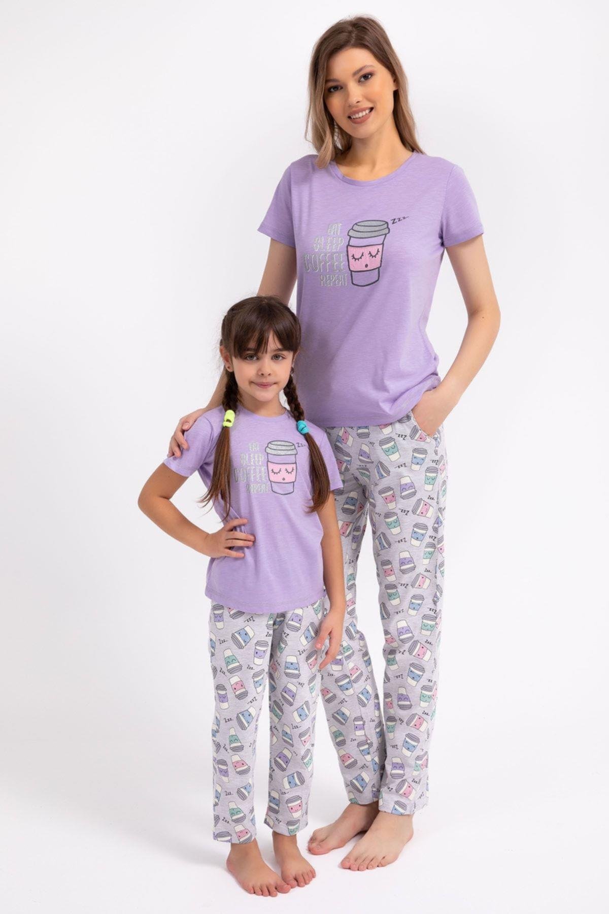 Eat Sleep Coffee Repeat Lila Kadın Pijama Takımı