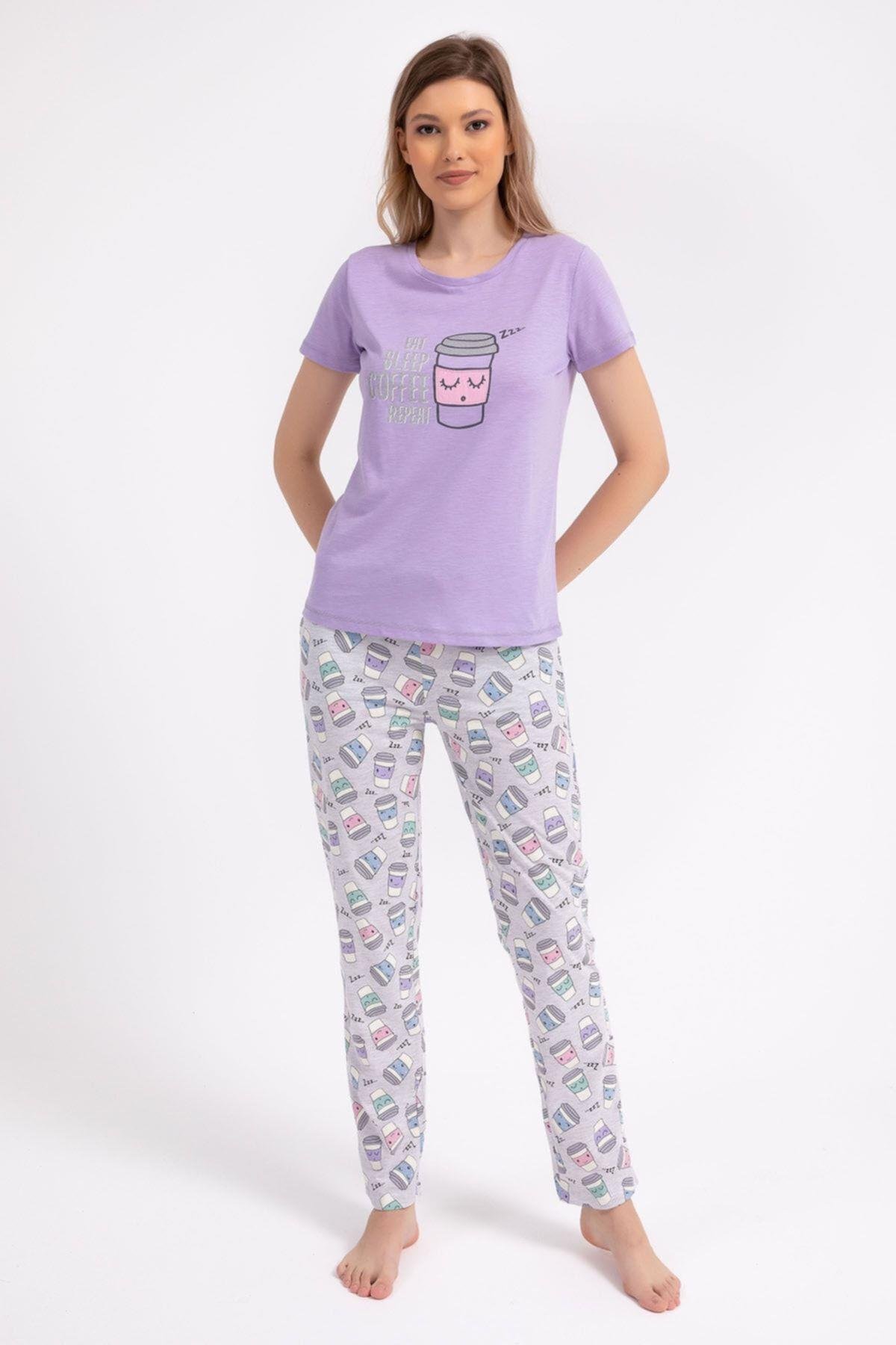 Eat Sleep Coffee Repeat Lila Kadın Pijama Takımı