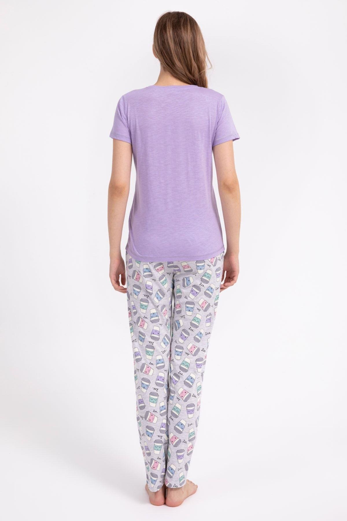 Eat Sleep Coffee Repeat Lila Kadın Pijama Takımı