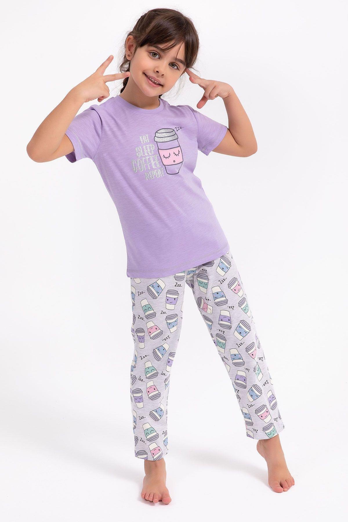 Eat Sleep Coffee Repeat Lila Kız Çocuk Pijama Takımı