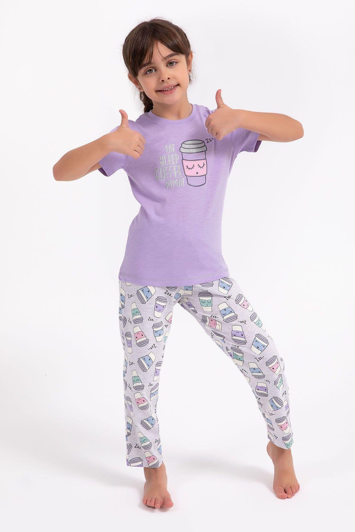Eat Sleep Coffee Repeat Lila Kız Çocuk Pijama Takımı