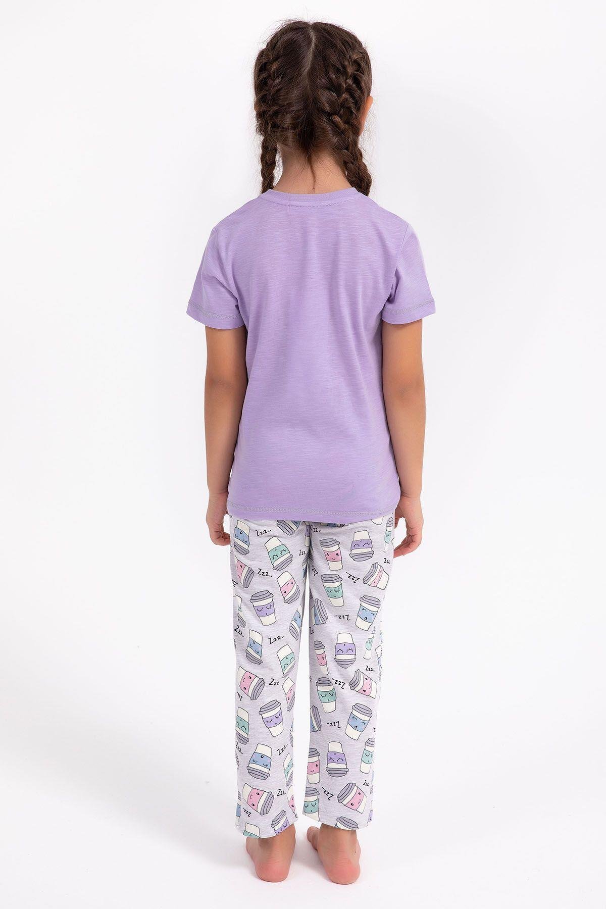 Eat Sleep Coffee Repeat Lila Kız Çocuk Pijama Takımı