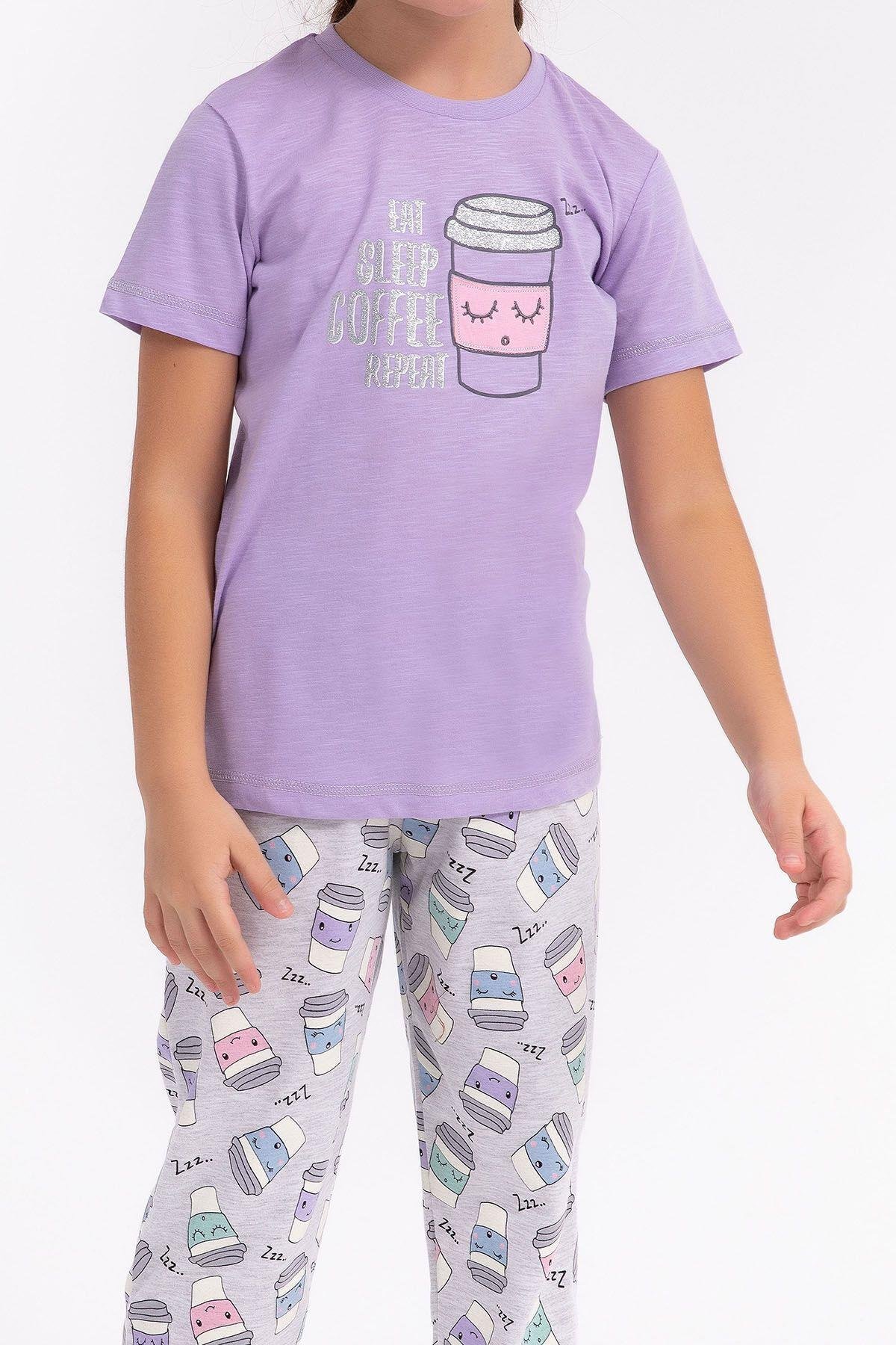 Eat Sleep Coffee Repeat Lila Kız Çocuk Pijama Takımı
