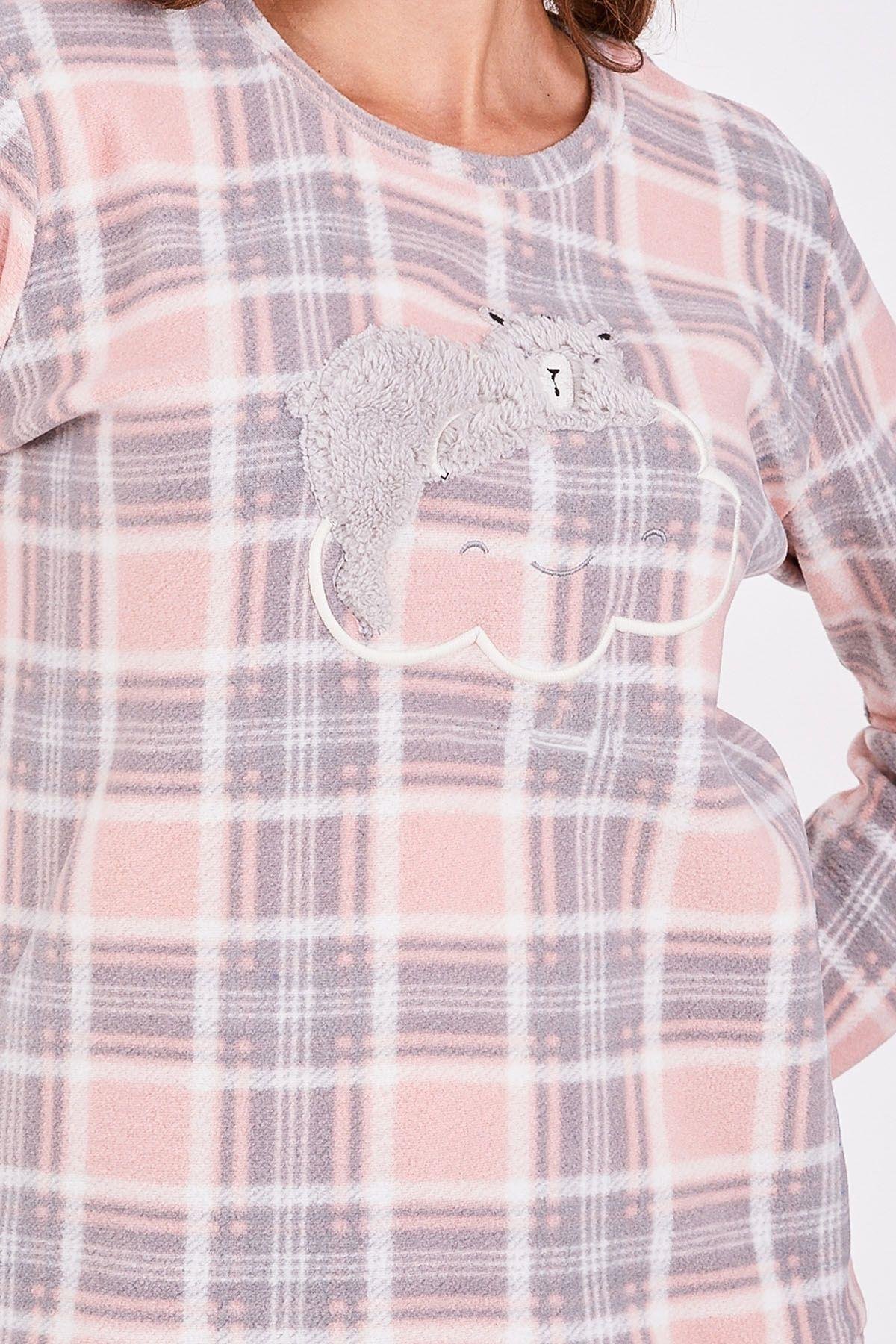 Ekoseli Pudra Kadın Uzun Kol Pijama Takım