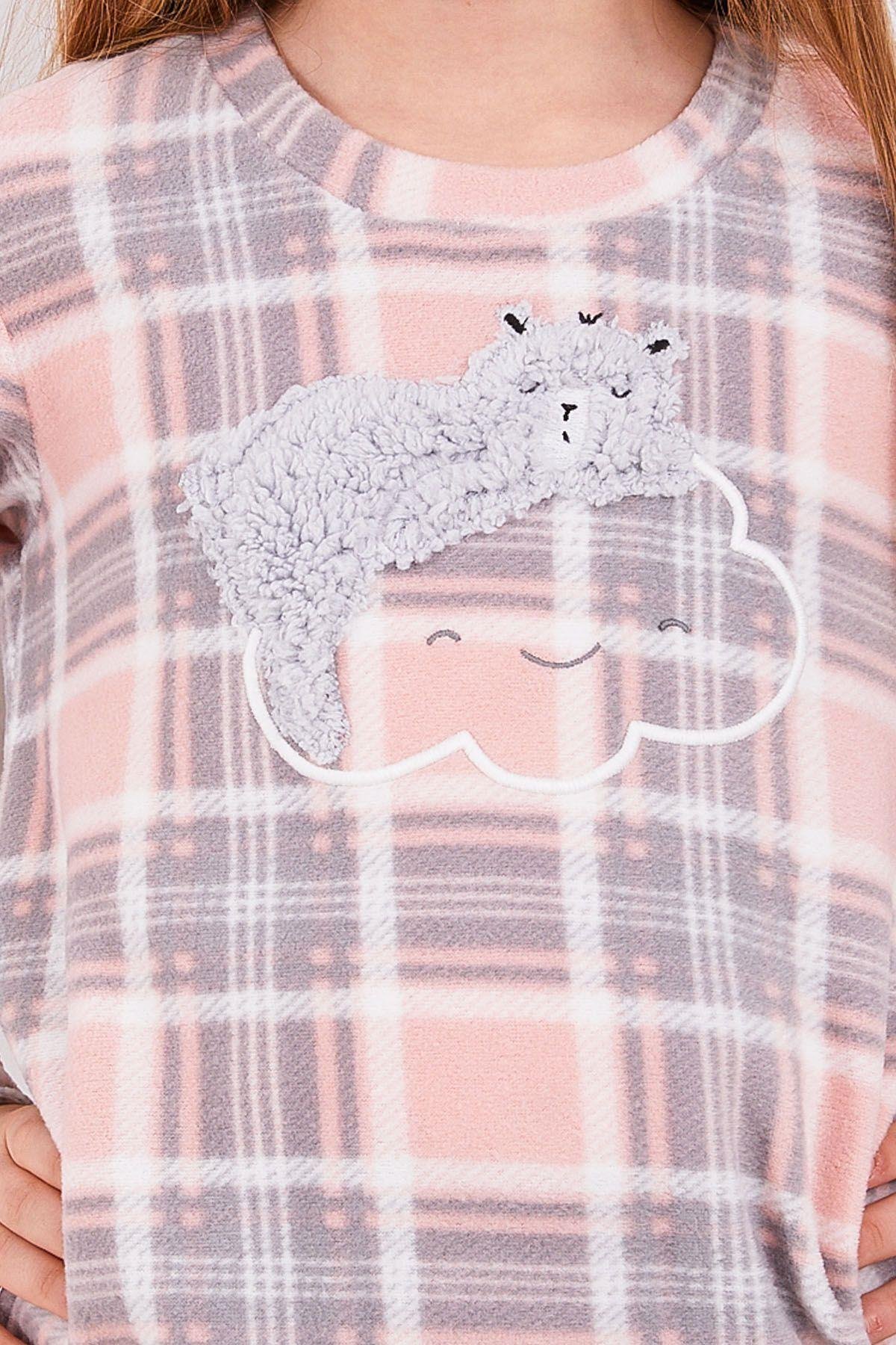 Ekoseli Pudra Kız Çocuk Uzun Kol Pijama Takım