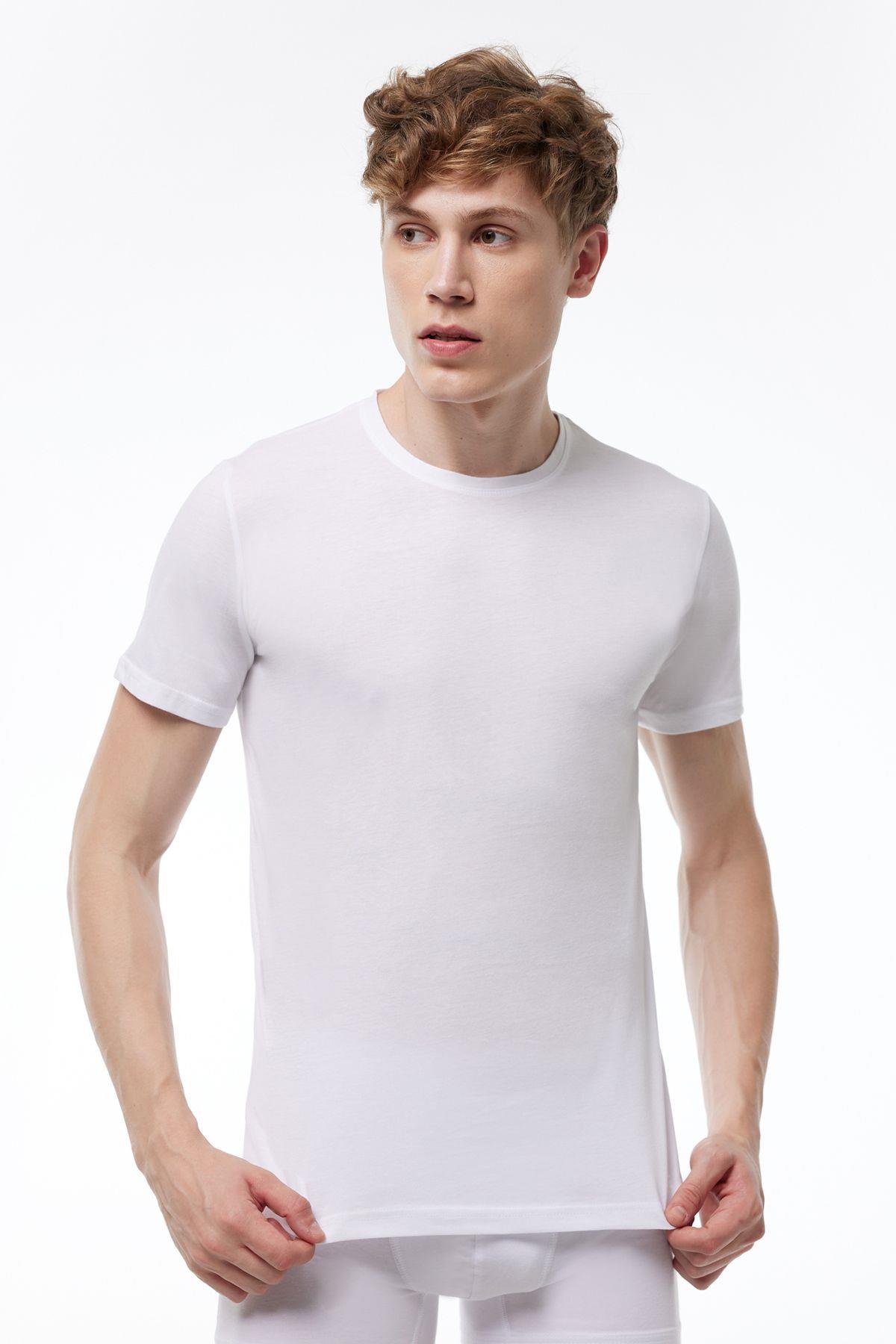 Erkek Beyaz Basic Yuvarlak Yaka Ince Modal T-shirt 084