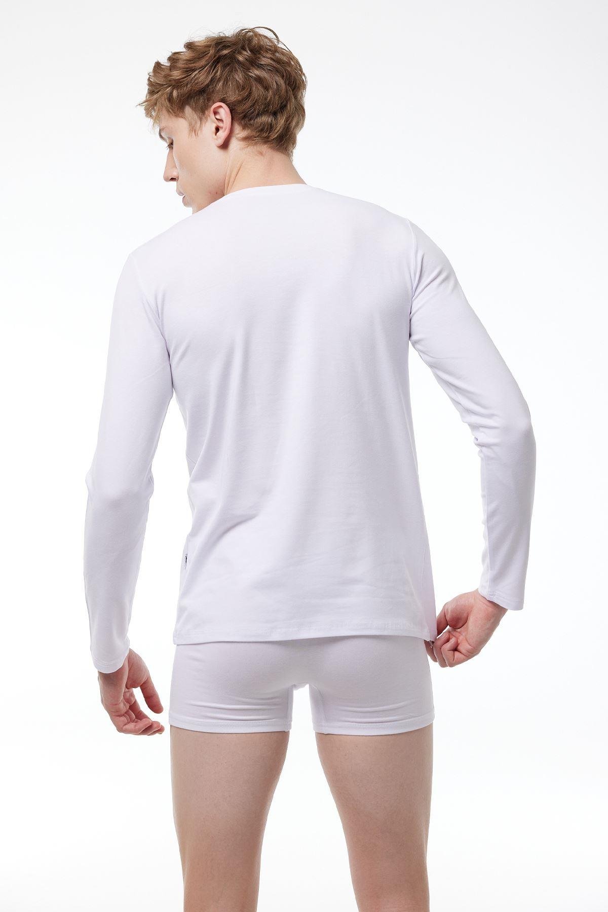 Erkek Beyaz Yuvarlak Yaka Uzun Kol Likralı Modal Body 045