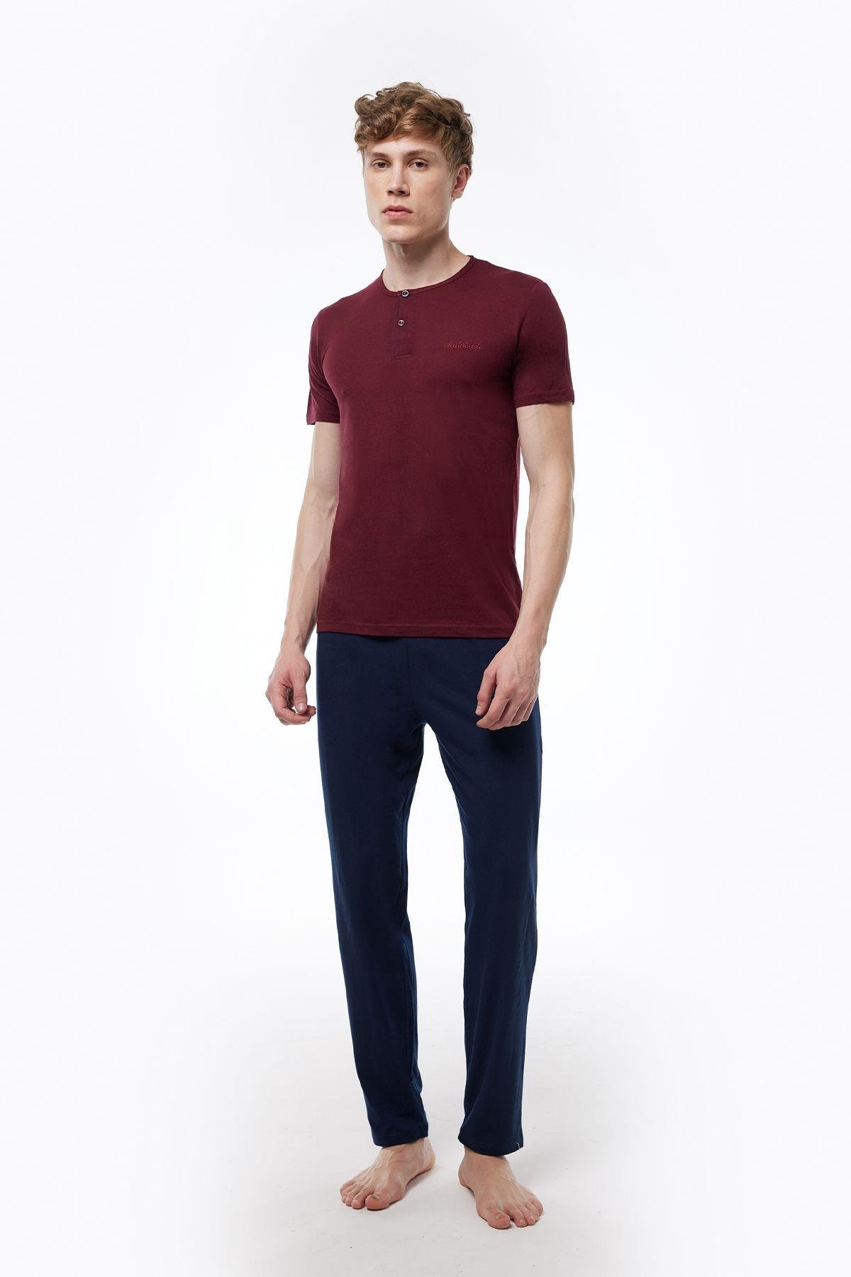 Erkek Bordo 2 Li Takım Düğmeli Yazlık Pijama Takımı 6020