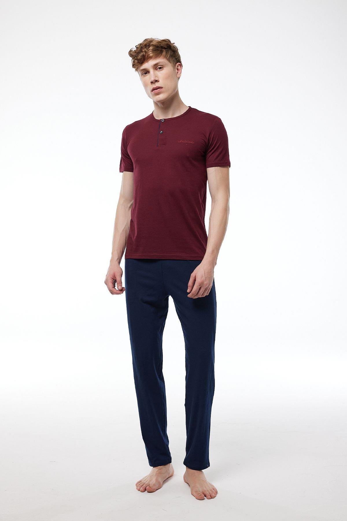 Erkek Bordo 2 Li Takım Düğmeli Yazlık Pijama Takımı 6020