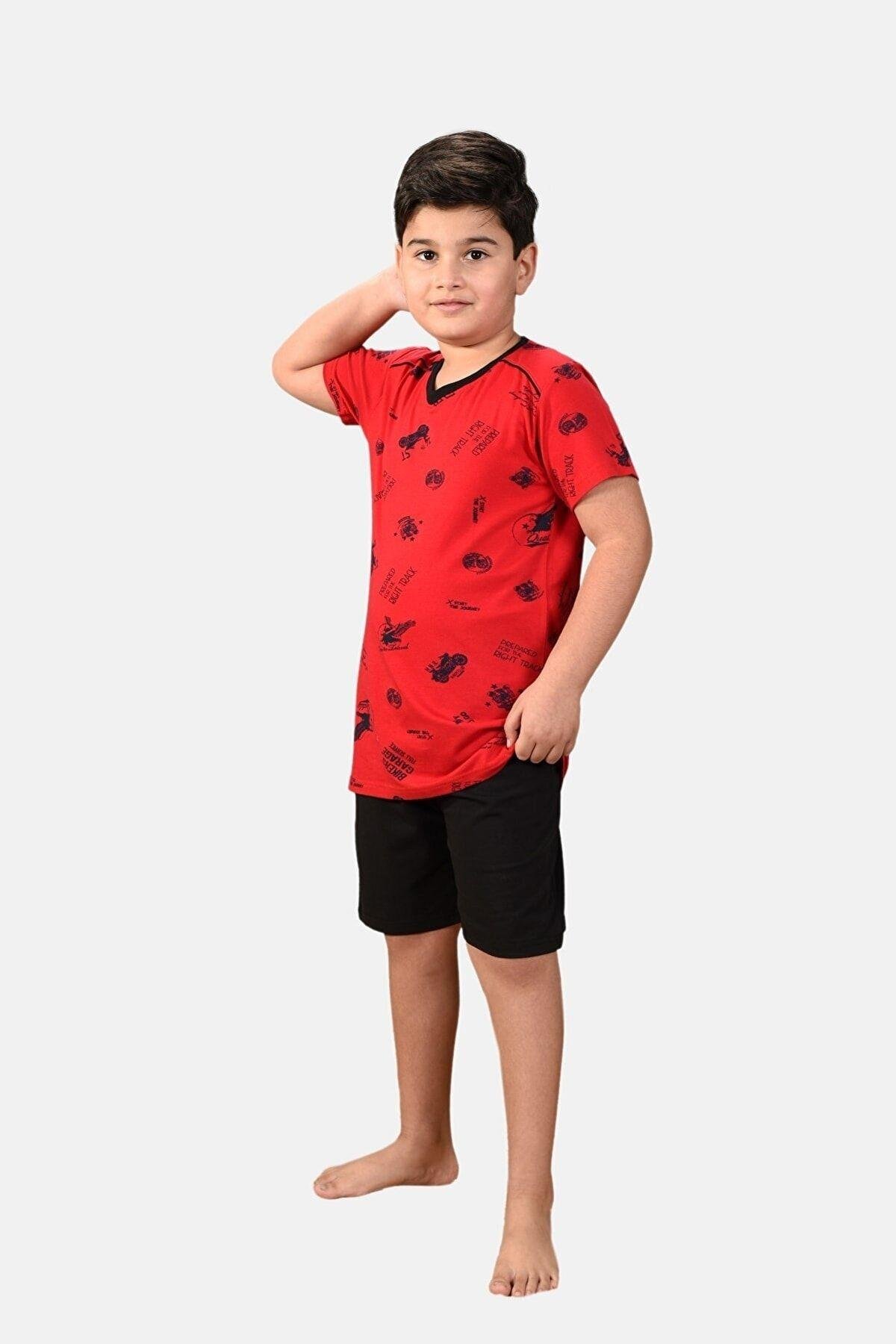 Erkek Çocuk Açık Mavi 3 Lü Takım Desenli V Yaka Yazlık Pijama Takımı M3001
