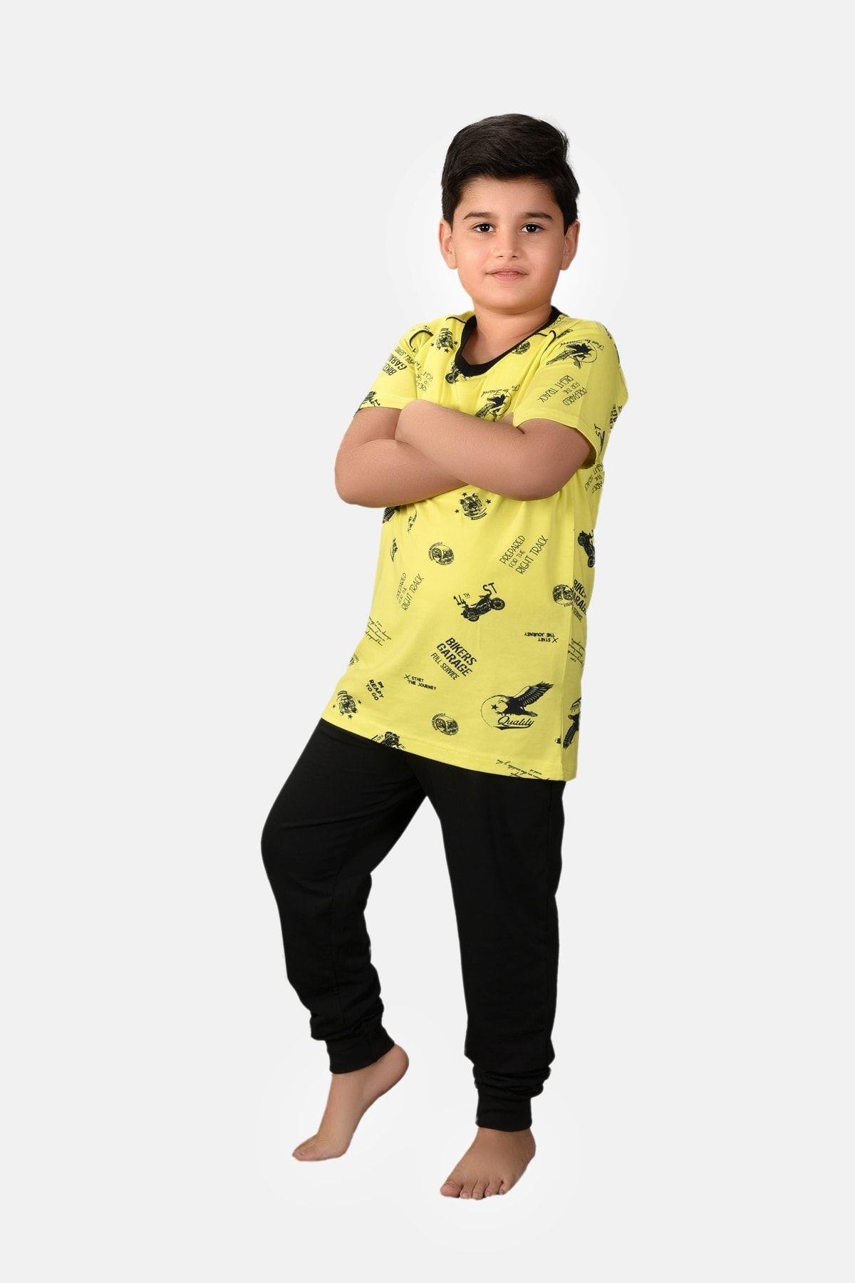 Erkek Çocuk Açık Mavi 3 Lü Takım Desenli V Yaka Yazlık Pijama Takımı M3001