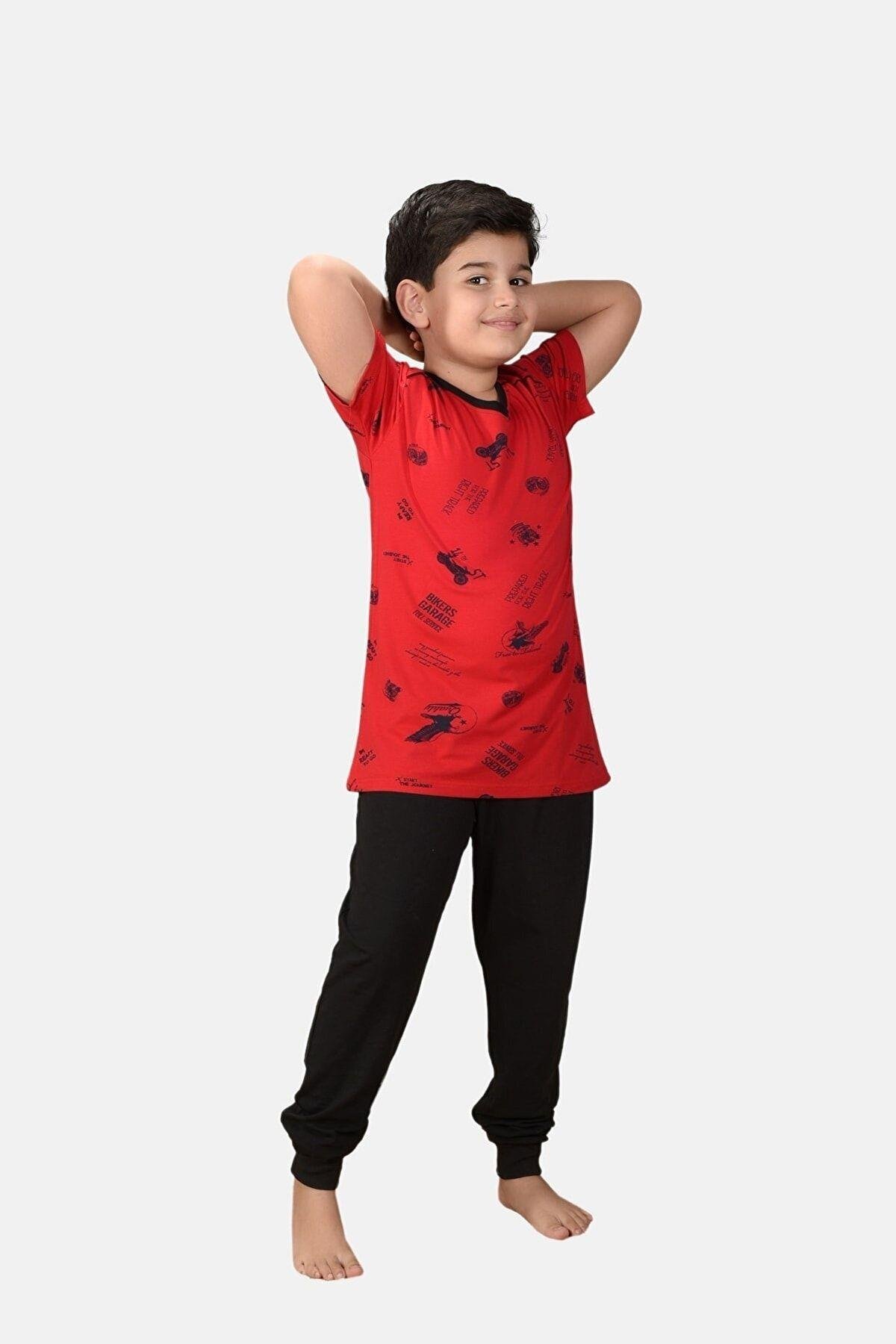 Erkek Çocuk Açık Mavi 3 Lü Takım Desenli V Yaka Yazlık Pijama Takımı M3001