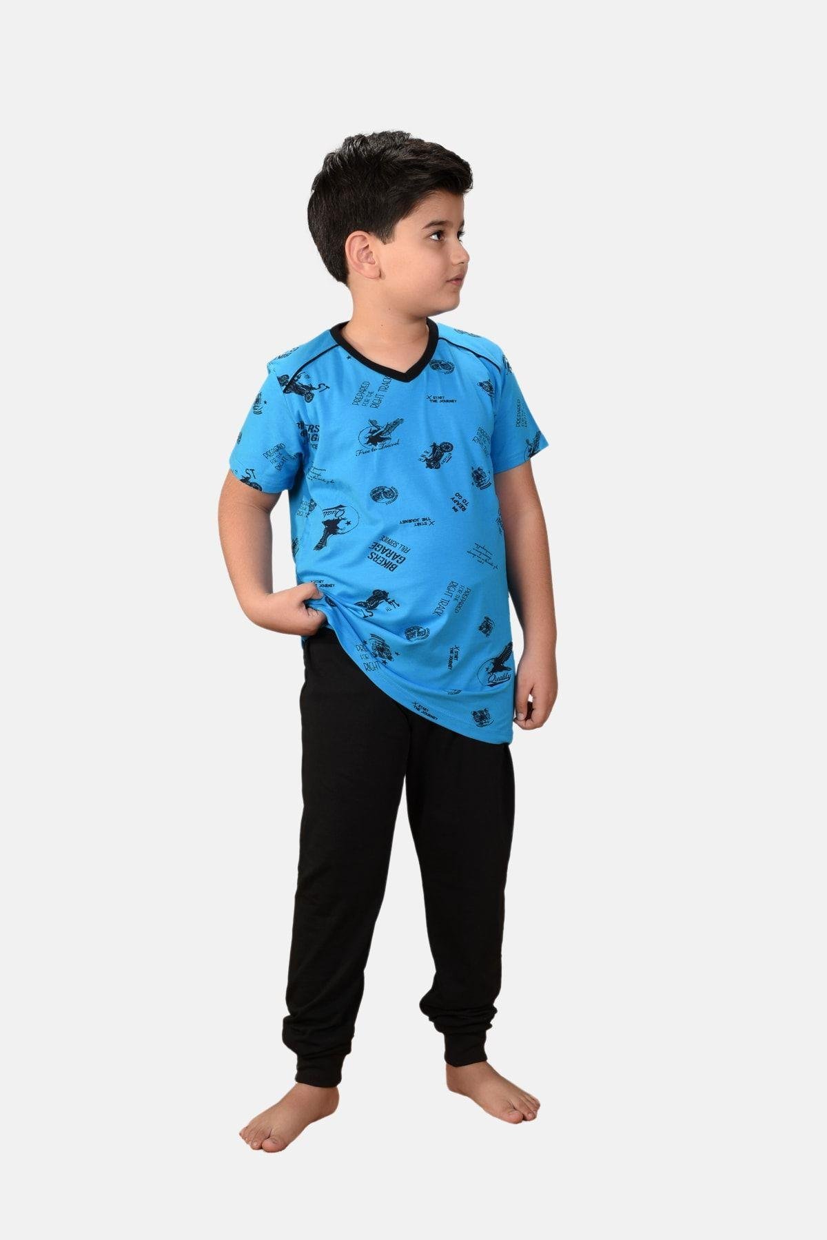 Erkek Çocuk Açık Mavi 3 Lü Takım Desenli V Yaka Yazlık Pijama Takımı M3001
