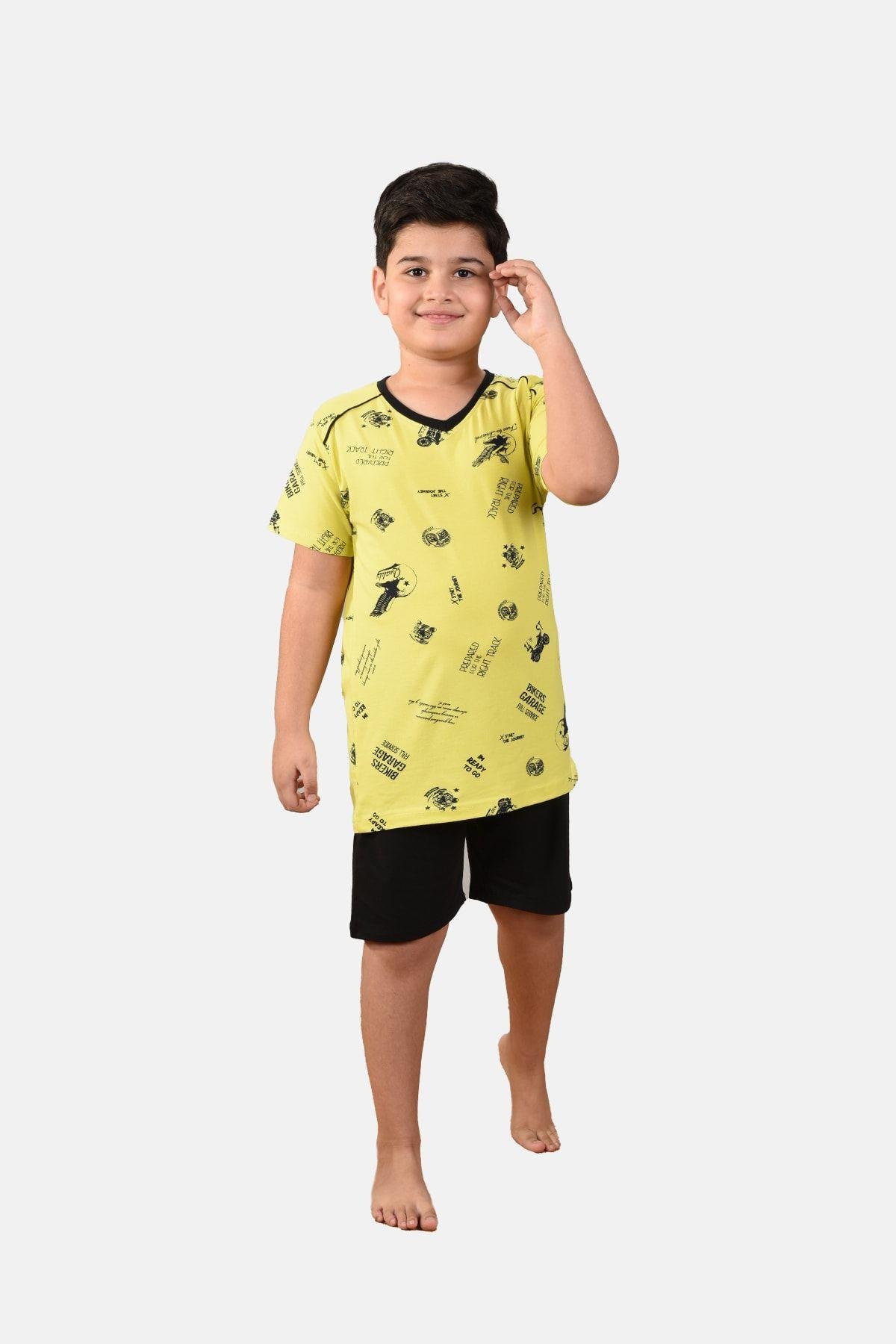 Erkek Çocuk Açık Mavi 3 Lü Takım Desenli V Yaka Yazlık Pijama Takımı M3001