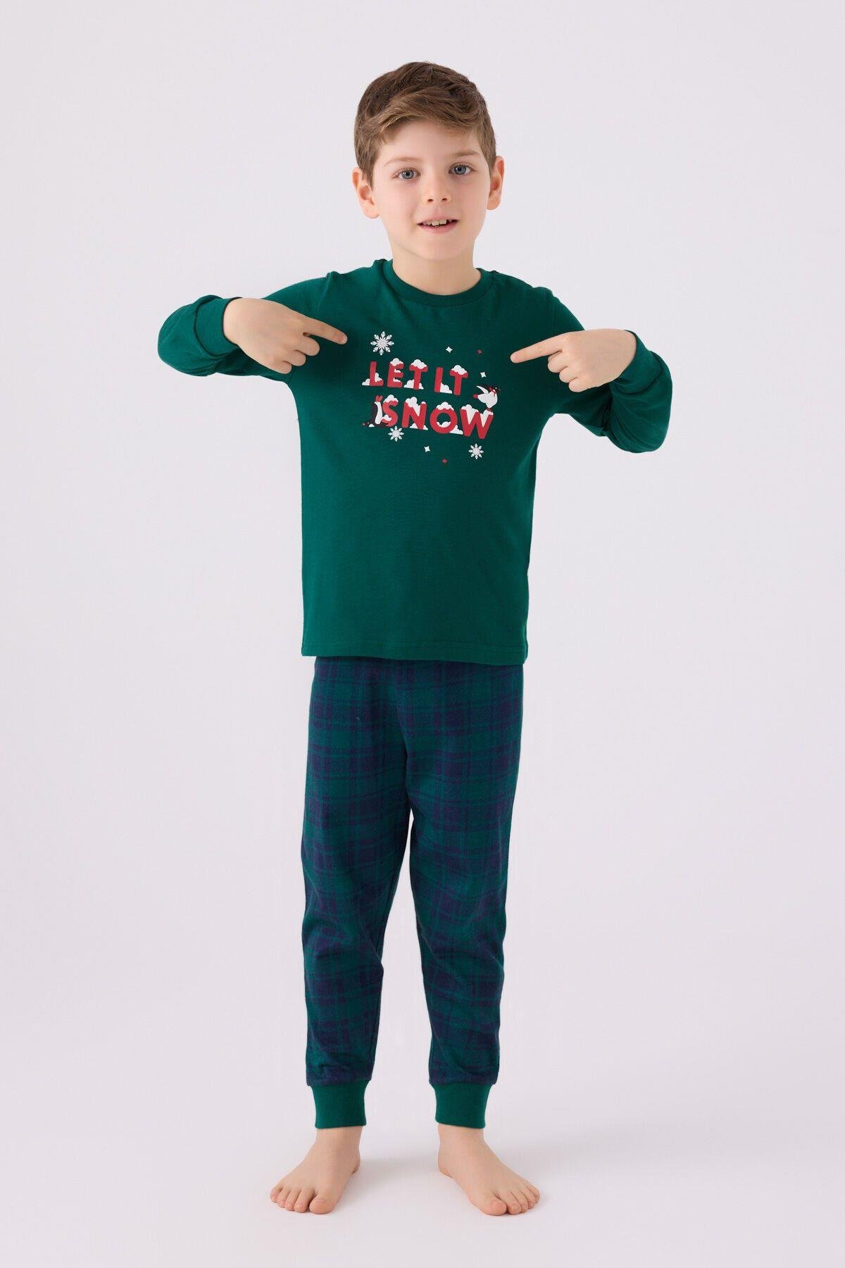 Erkek Çocuk Koyu Yeşil Uzun Kol Pijama Takım