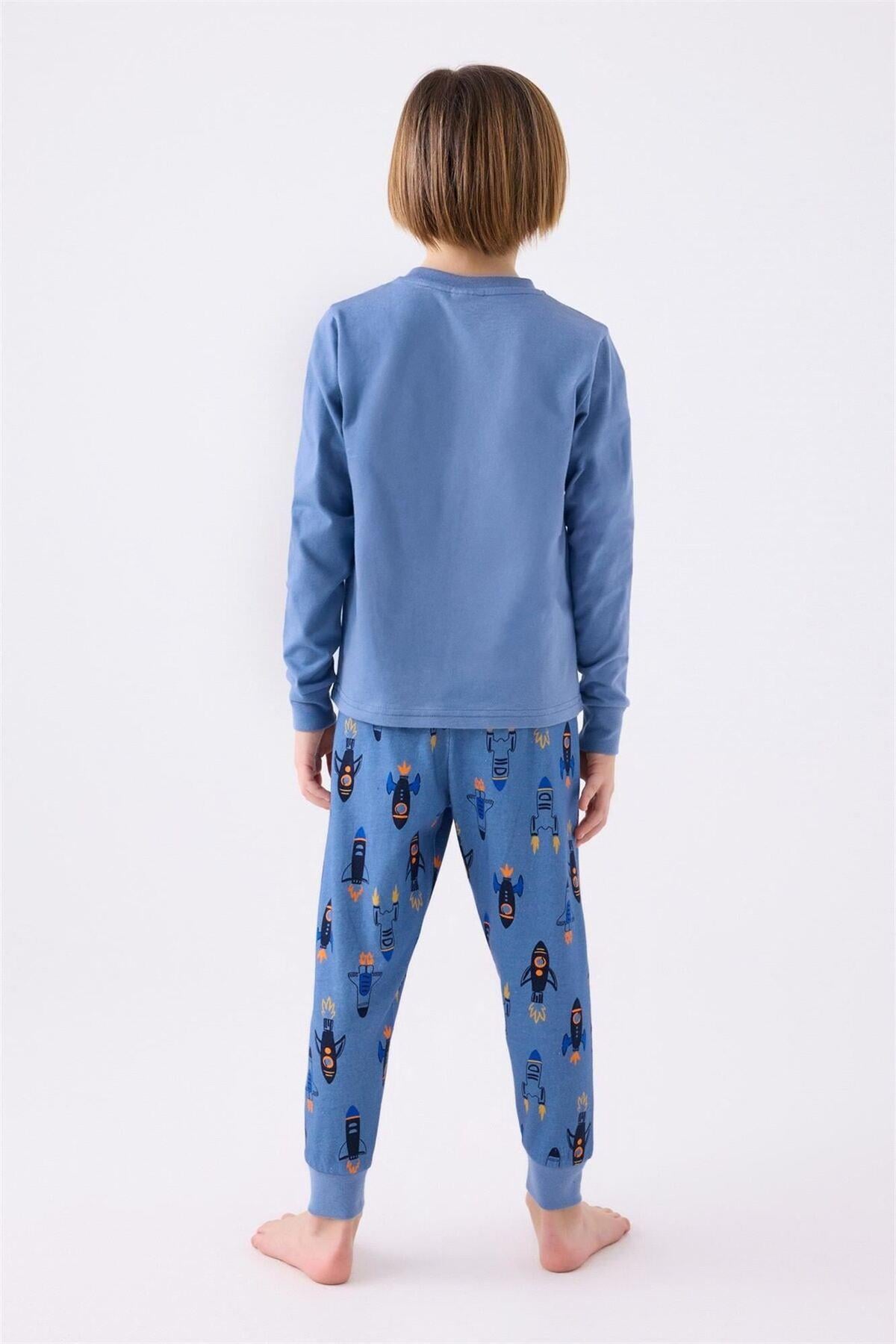 Erkek Çocuk Mavi Uzun Kol Pijama Takım