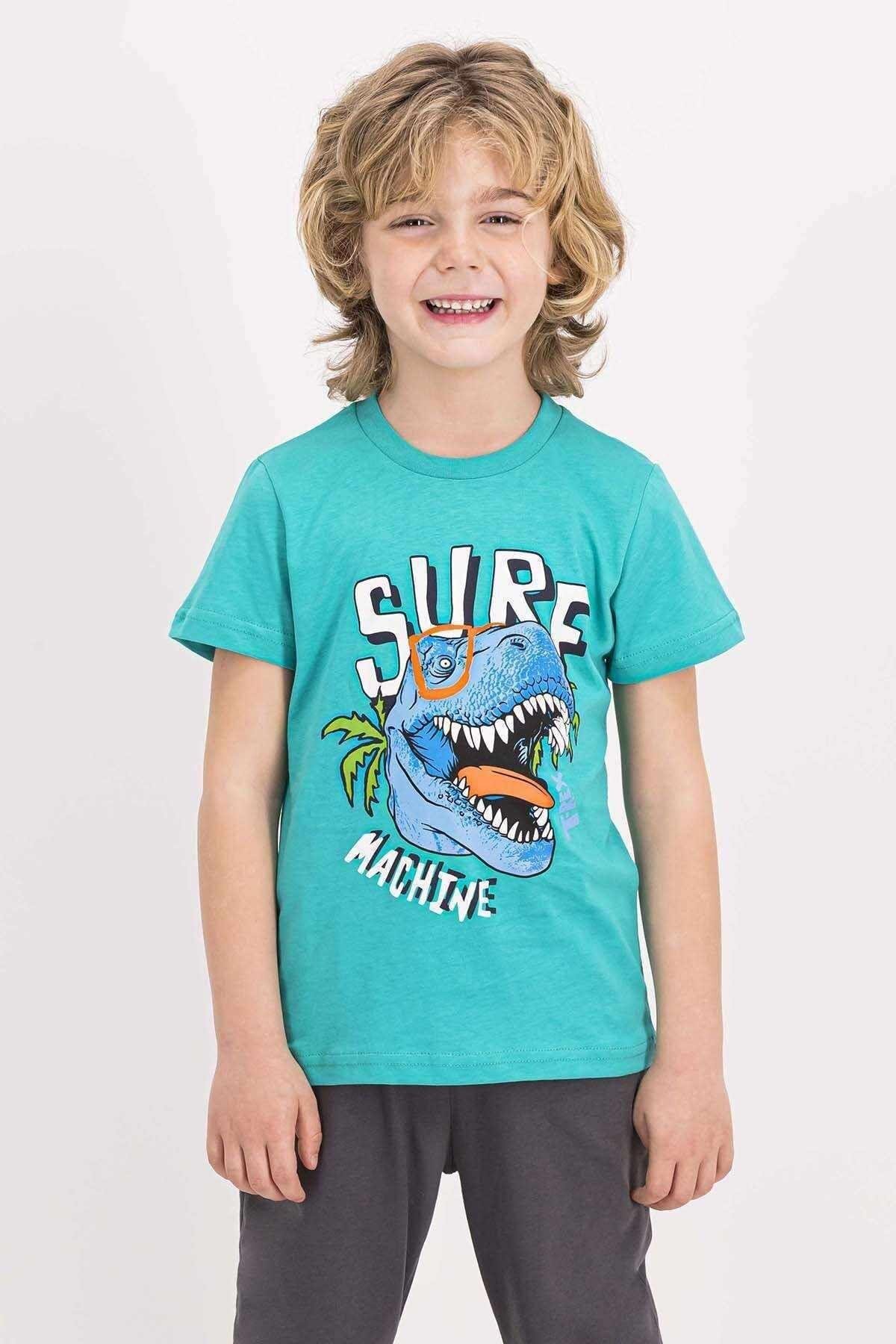 Erkek Çocuk Turkuaz Rolypoly Awesome Mint Kamuflaj Pul Detaylı Kısa Kollu  Pijama Takımı