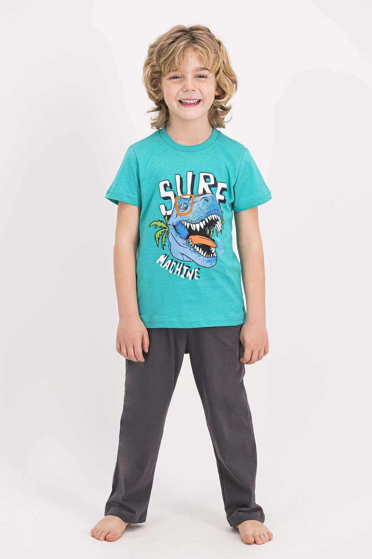 Erkek Çocuk Turkuaz Rolypoly Awesome Mint Kamuflaj Pul Detaylı Kısa Kollu  Pijama Takımı