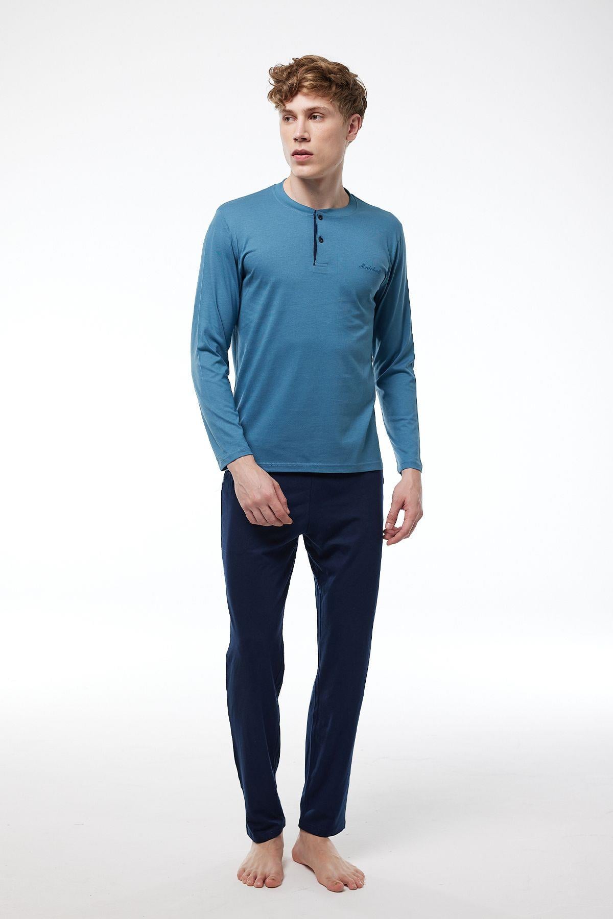 Erkek Füme Düğmeli Yaka Uzun Kollu Kışlık Pijama Takımı 6010
