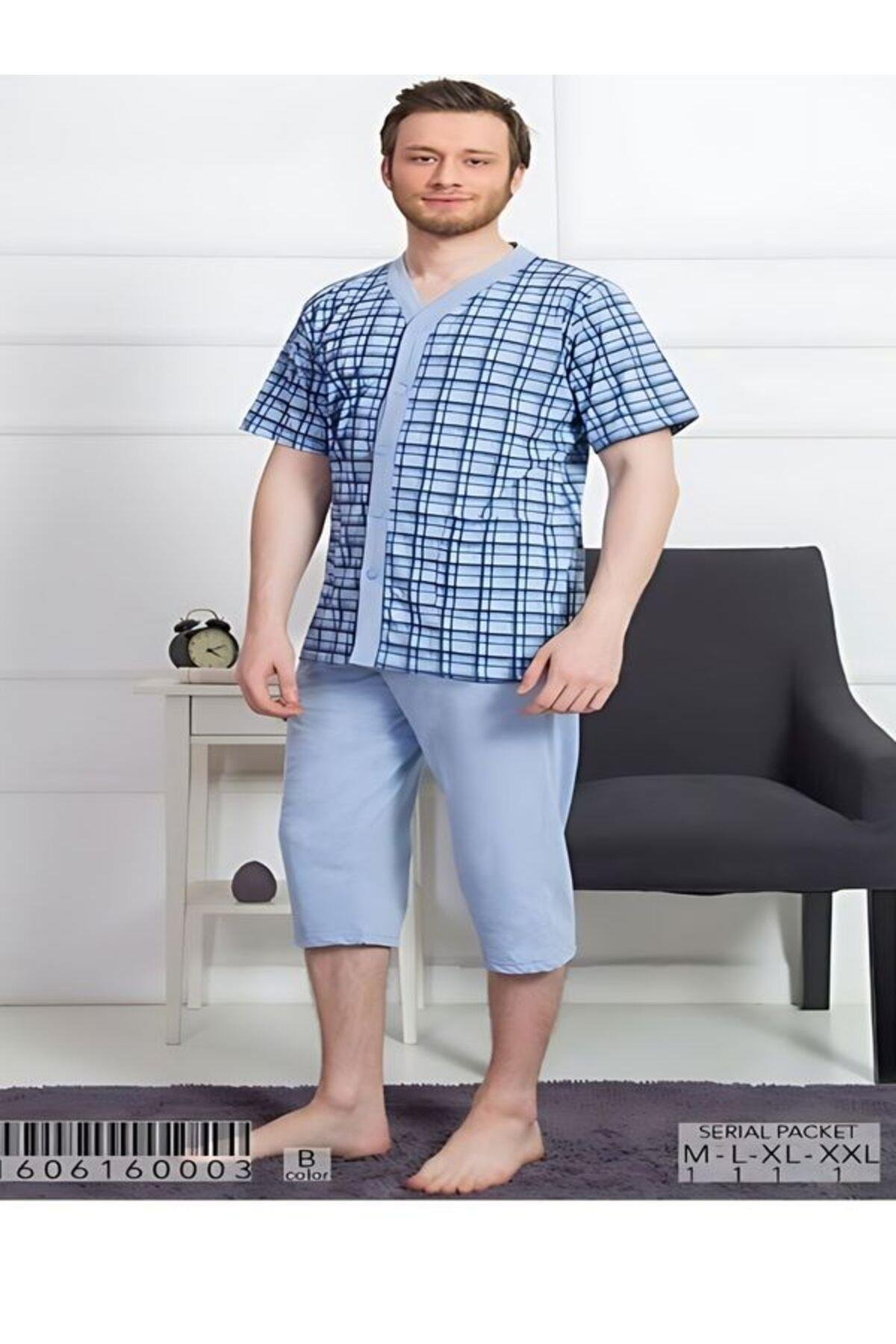 Erkek Komple Düğmeli Capri Pijama Takım
