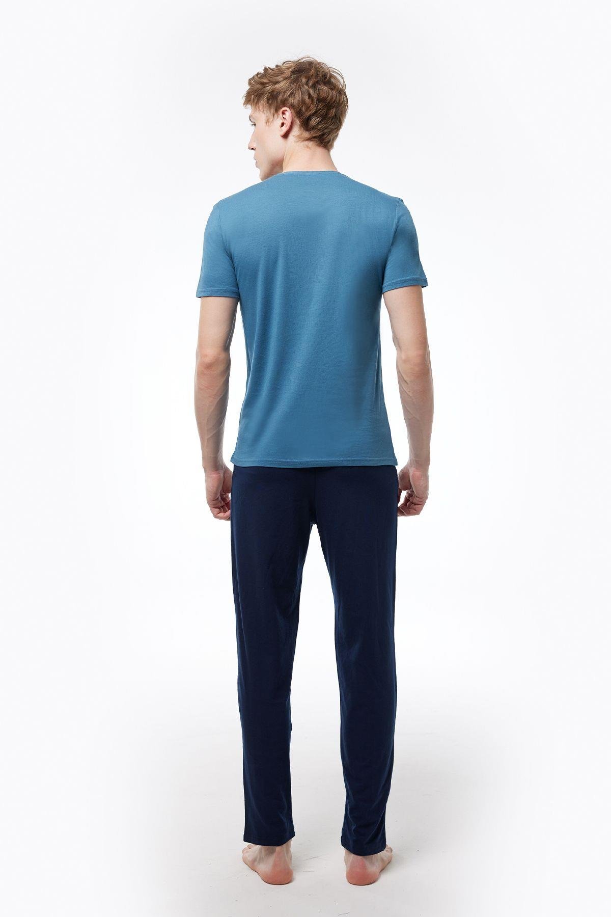 Erkek Mavi 2 Li Takım V Yaka Yazlık Pijama Takımı 6021