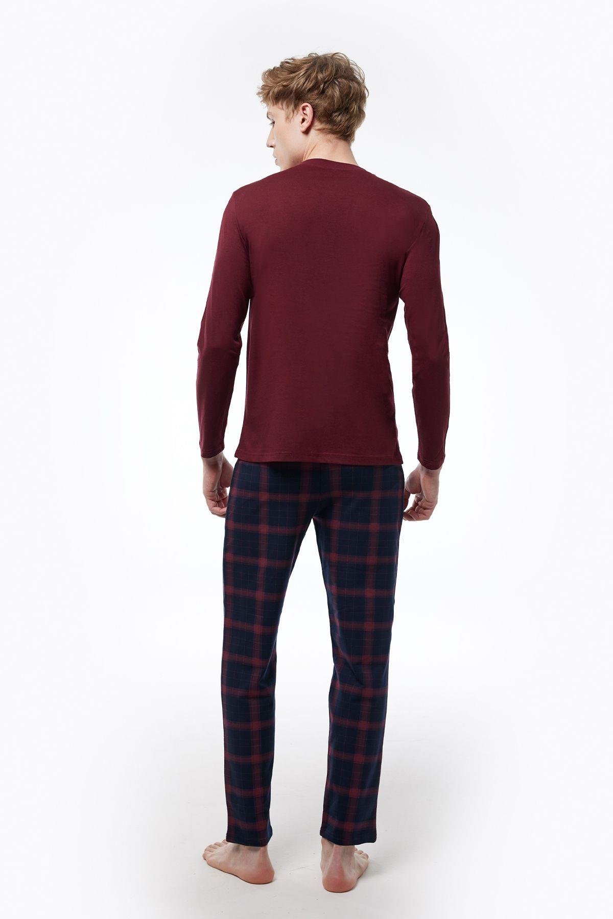 Füme Ekoseli Erkek Pijama Takımı Düğmeli Yaka Kışlık Uzun Kollu Pijama 6015