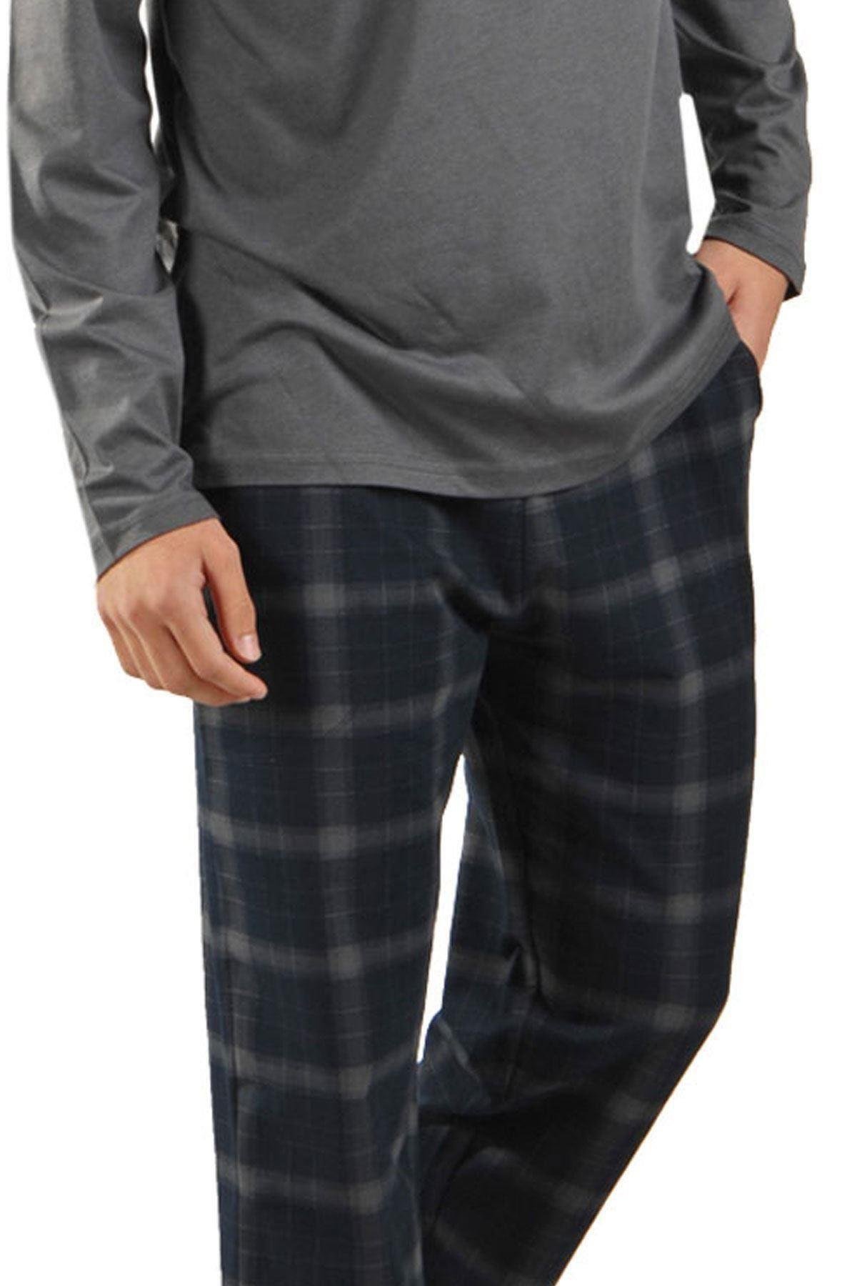 Füme Ekoseli Erkek Pijama Takımı Düğmeli Yaka Kışlık Uzun Kollu Pijama 6015