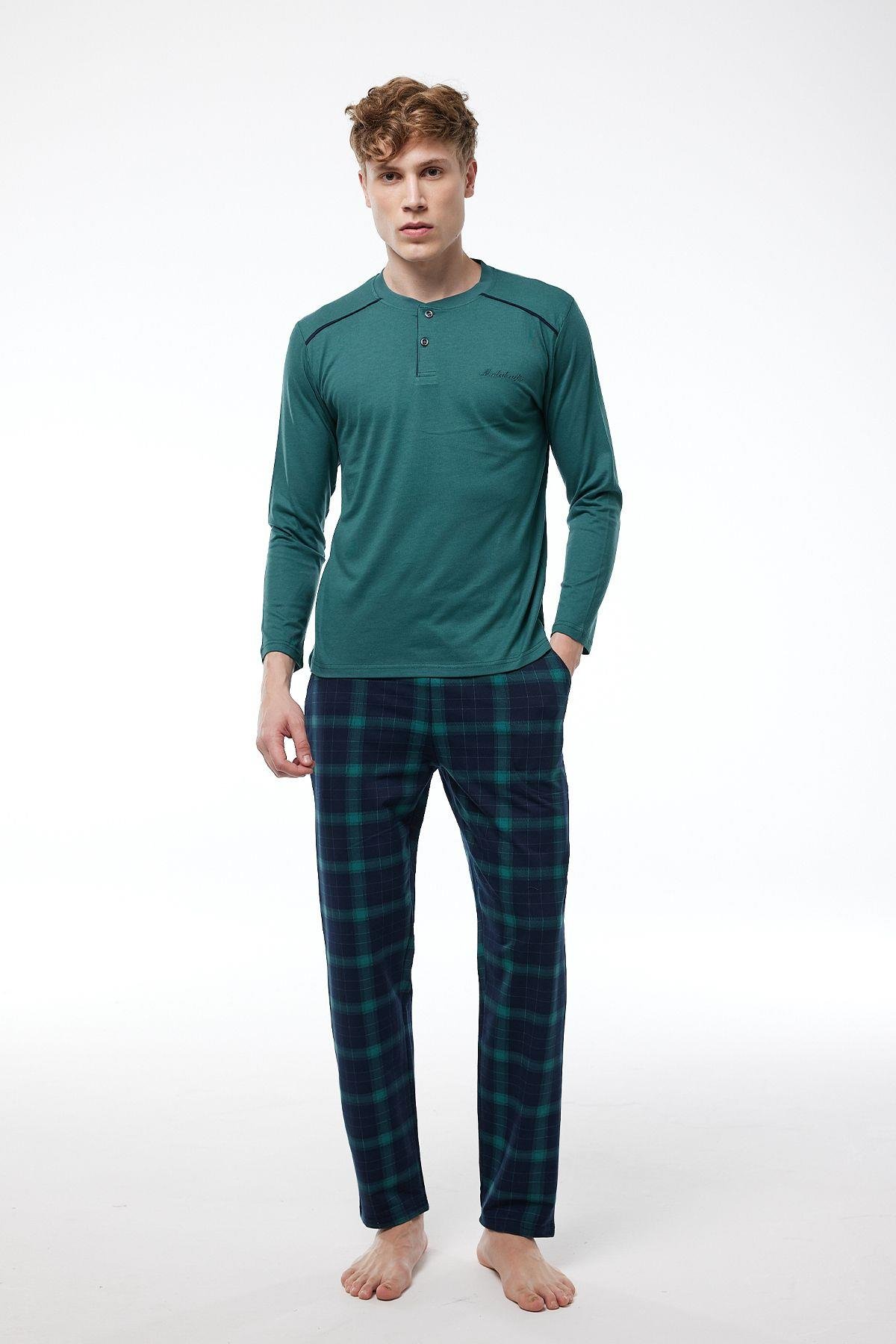 Füme Ekoseli Erkek Pijama Takımı Düğmeli Yaka Kışlık Uzun Kollu Pijama 6015