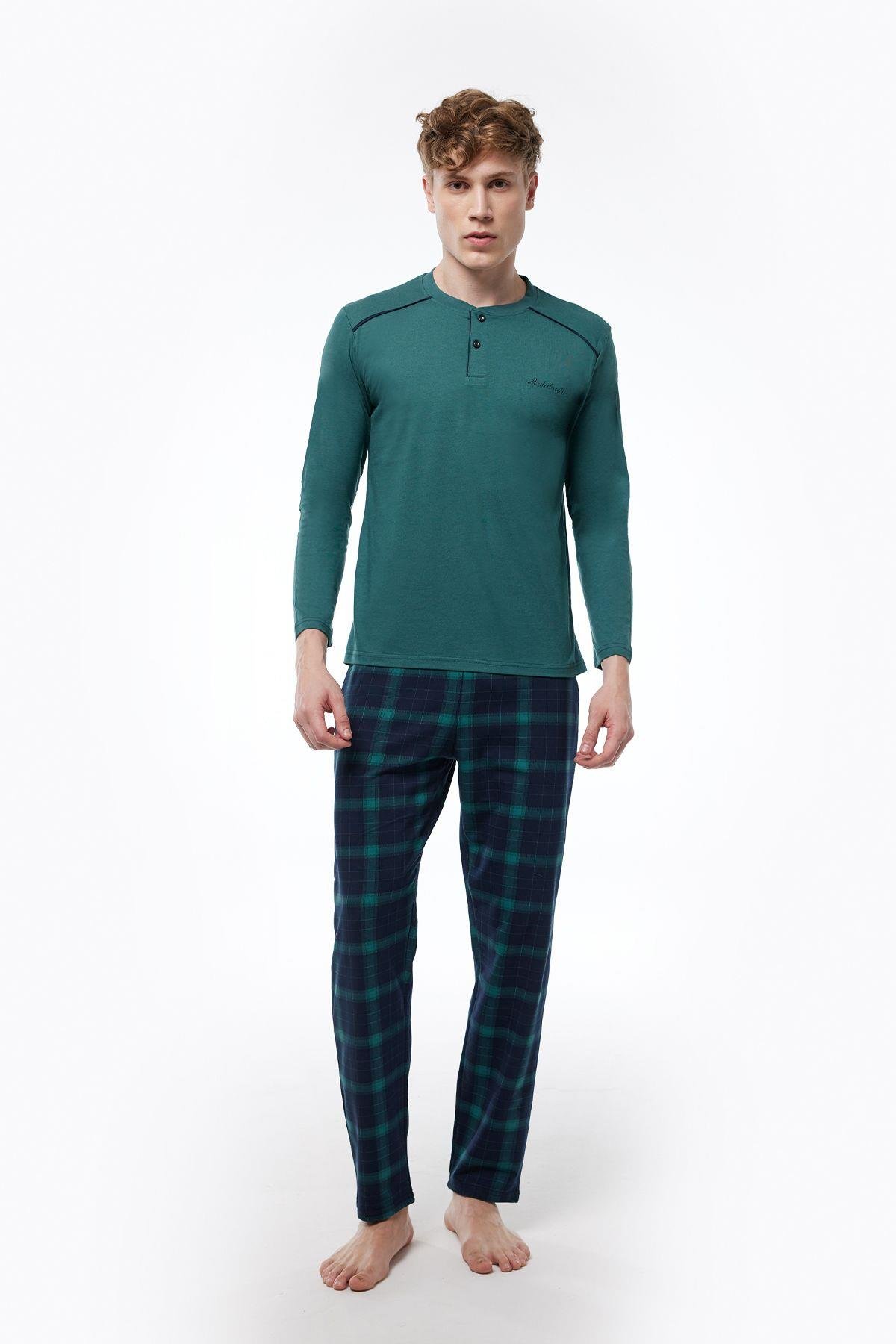 Füme Ekoseli Erkek Pijama Takımı Düğmeli Yaka Kışlık Uzun Kollu Pijama 6015