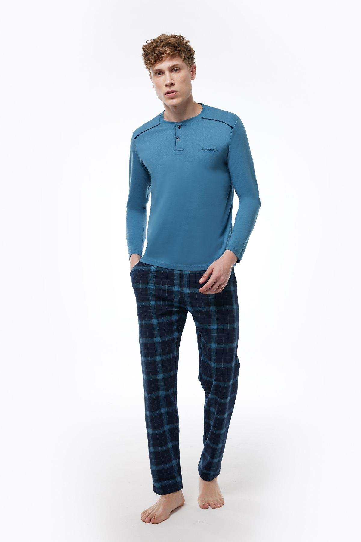 Füme Ekoseli Erkek Pijama Takımı Düğmeli Yaka Kışlık Uzun Kollu Pijama 6015