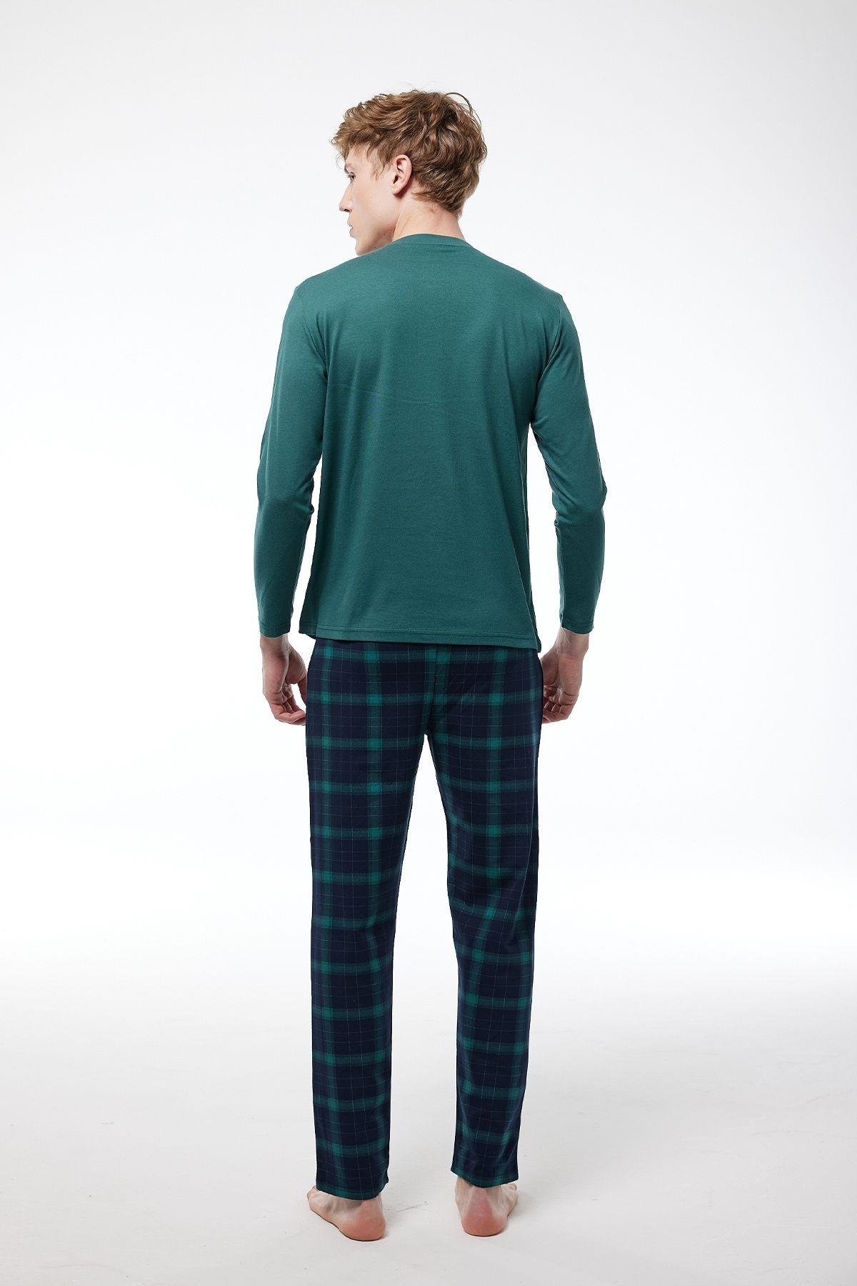 Füme Ekoseli Erkek Pijama Takımı Düğmeli Yaka Kışlık Uzun Kollu Pijama 6015