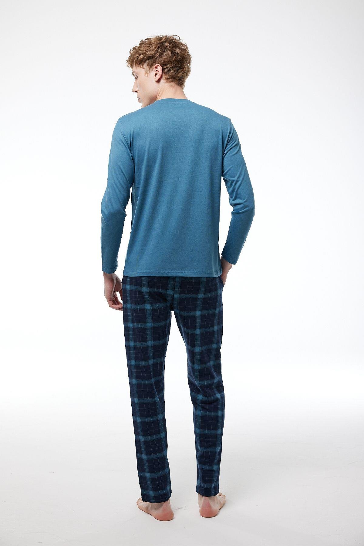 Füme Ekoseli Erkek Pijama Takımı Düğmeli Yaka Kışlık Uzun Kollu Pijama 6015