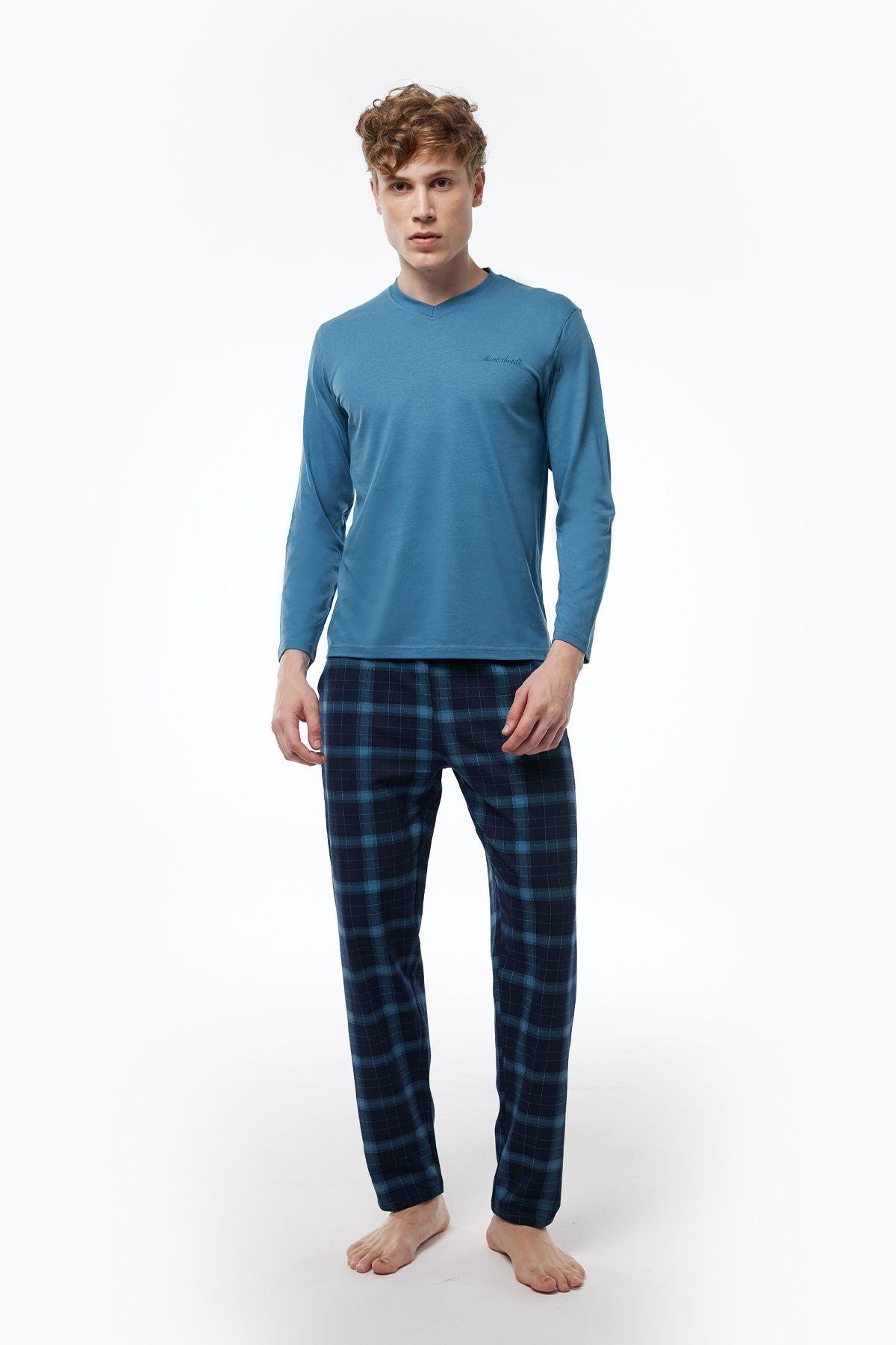 Füme Ekoseli Erkek Pijama Takımı V Yaka Kışlık Uzun Kollu Pijama 6014