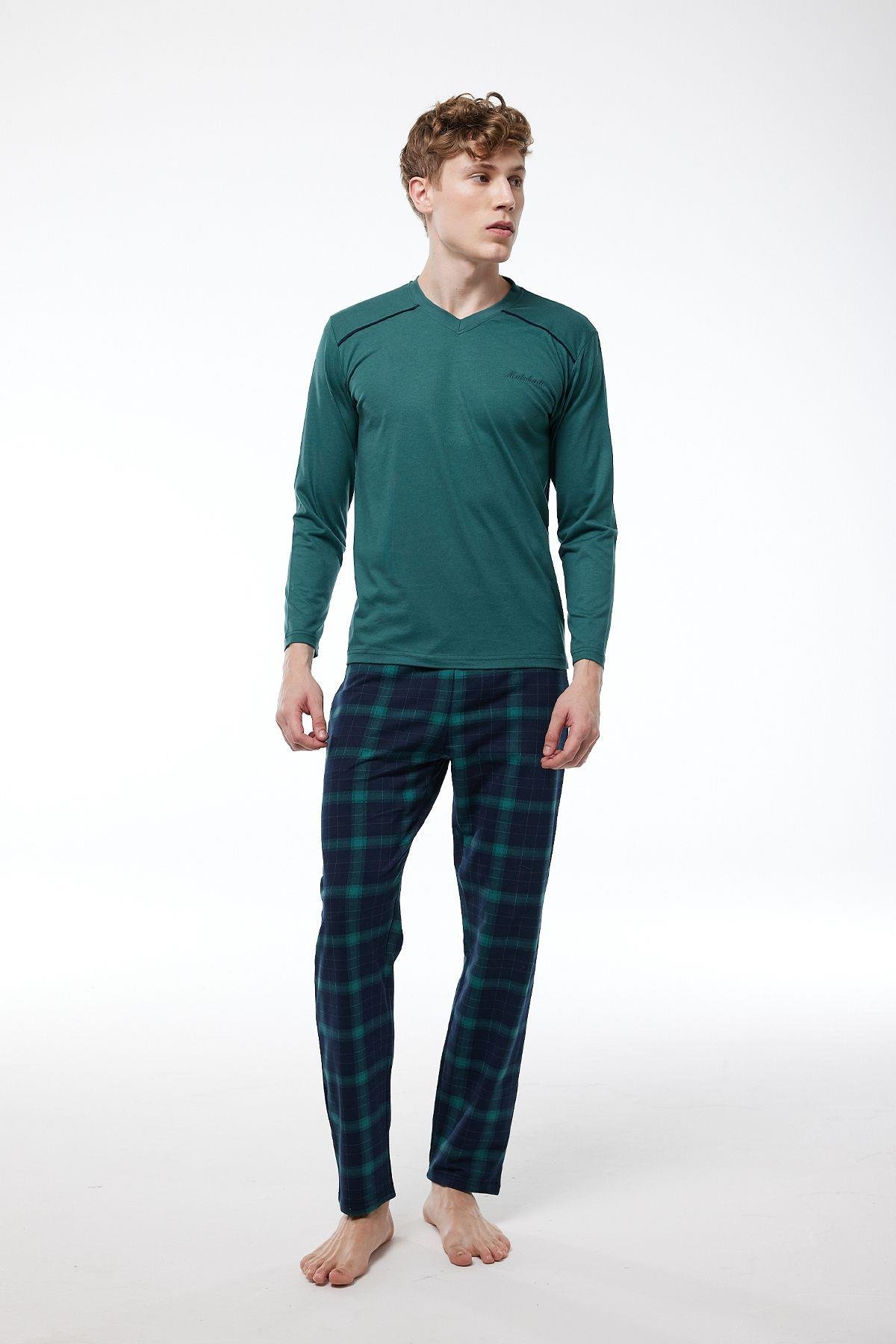 Füme Ekoseli Erkek Pijama Takımı V Yaka Kışlık Uzun Kollu Pijama 6014