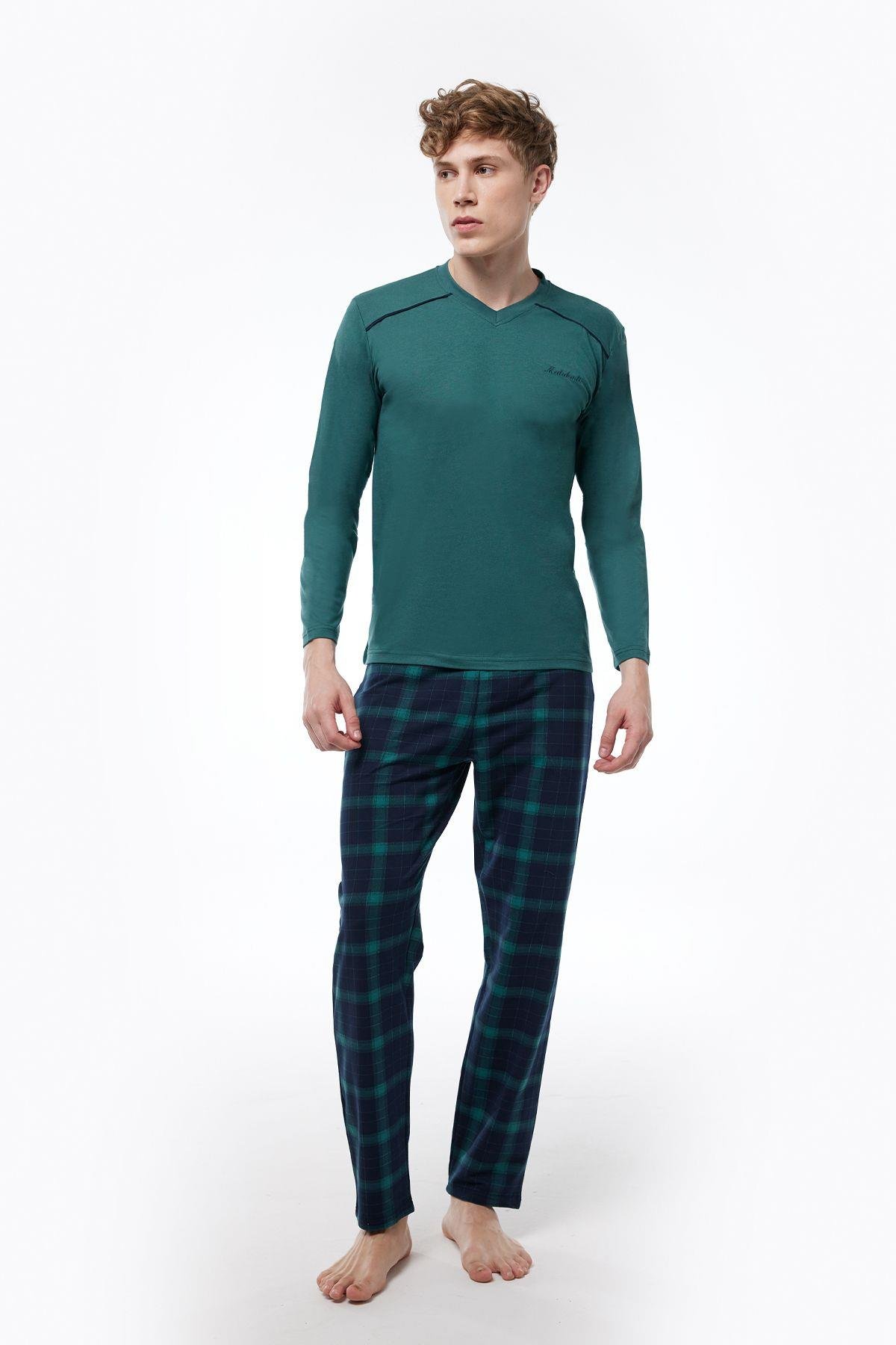 Füme Ekoseli Erkek Pijama Takımı V Yaka Kışlık Uzun Kollu Pijama 6014