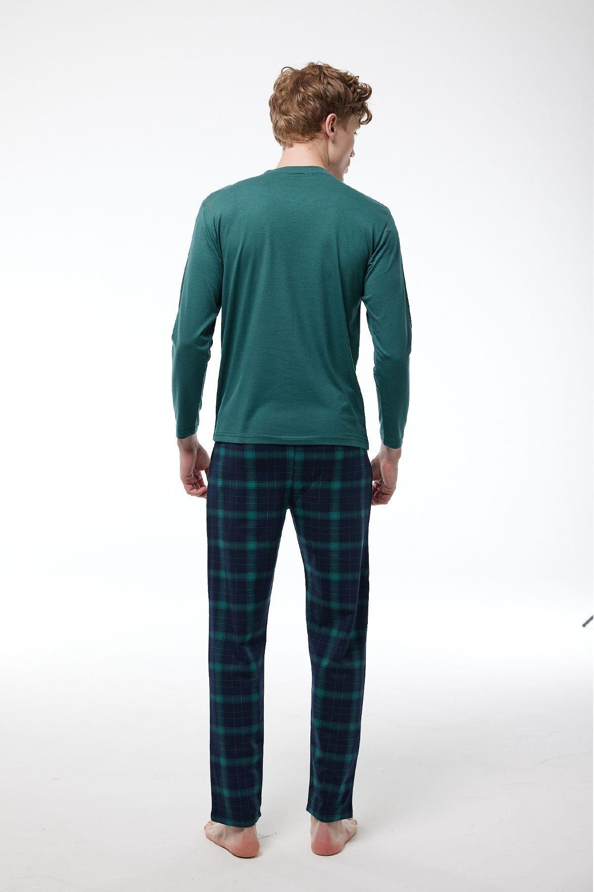 Füme Ekoseli Erkek Pijama Takımı V Yaka Kışlık Uzun Kollu Pijama 6014