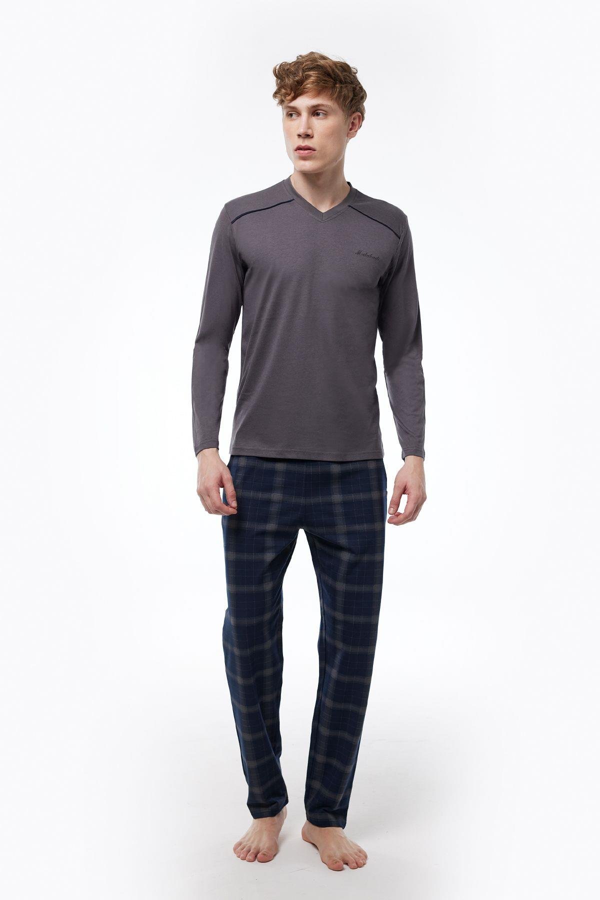 Füme Ekoseli Erkek Pijama Takımı V Yaka Kışlık Uzun Kollu Pijama 6014