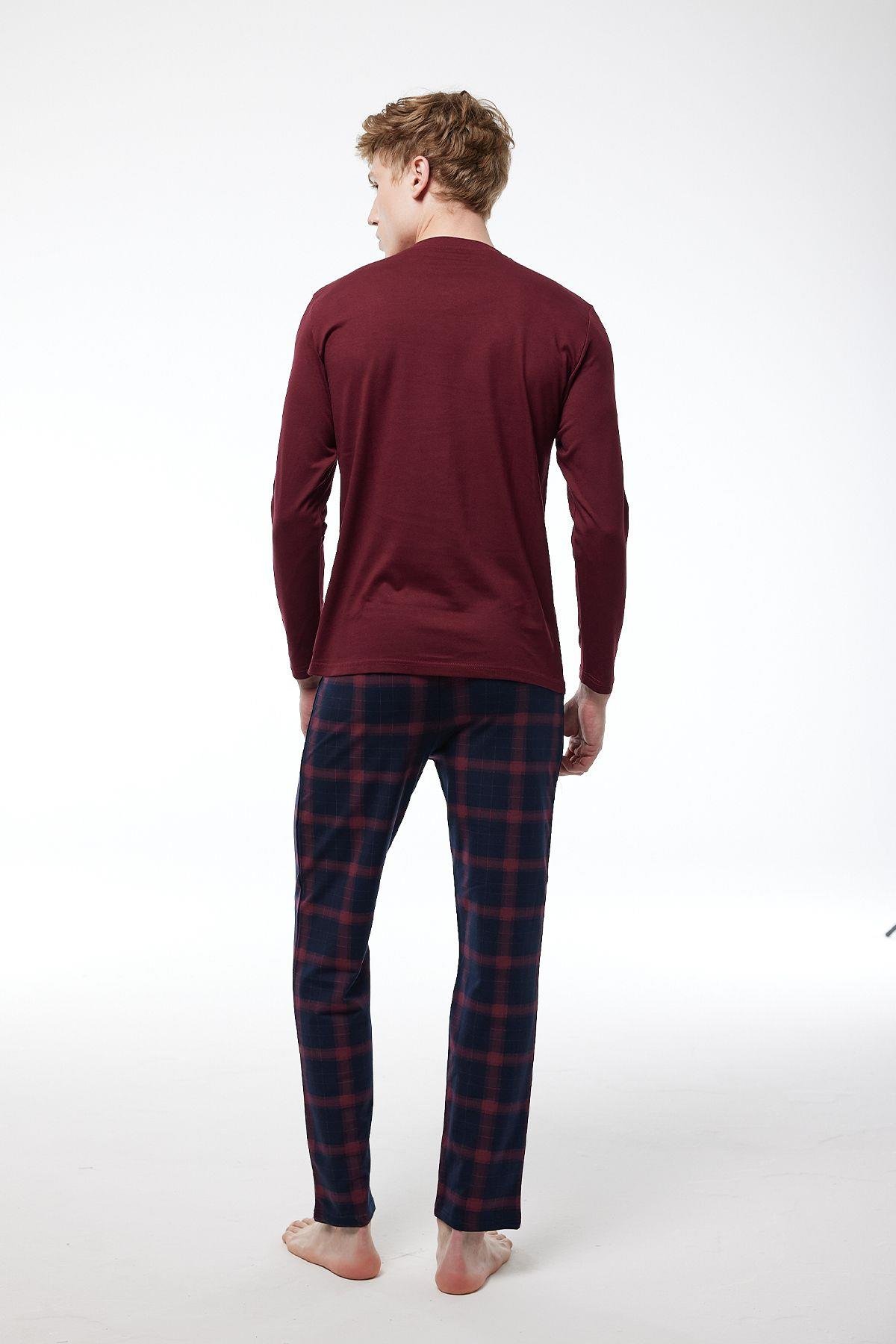 Füme Ekoseli Erkek Pijama Takımı V Yaka Kışlık Uzun Kollu Pijama 6014