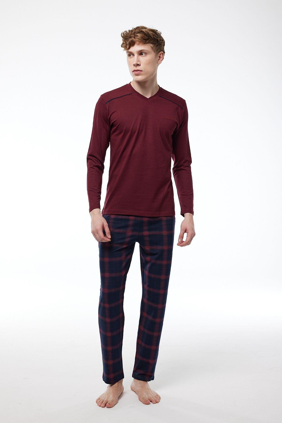 Füme Ekoseli Erkek Pijama Takımı V Yaka Kışlık Uzun Kollu Pijama 6014