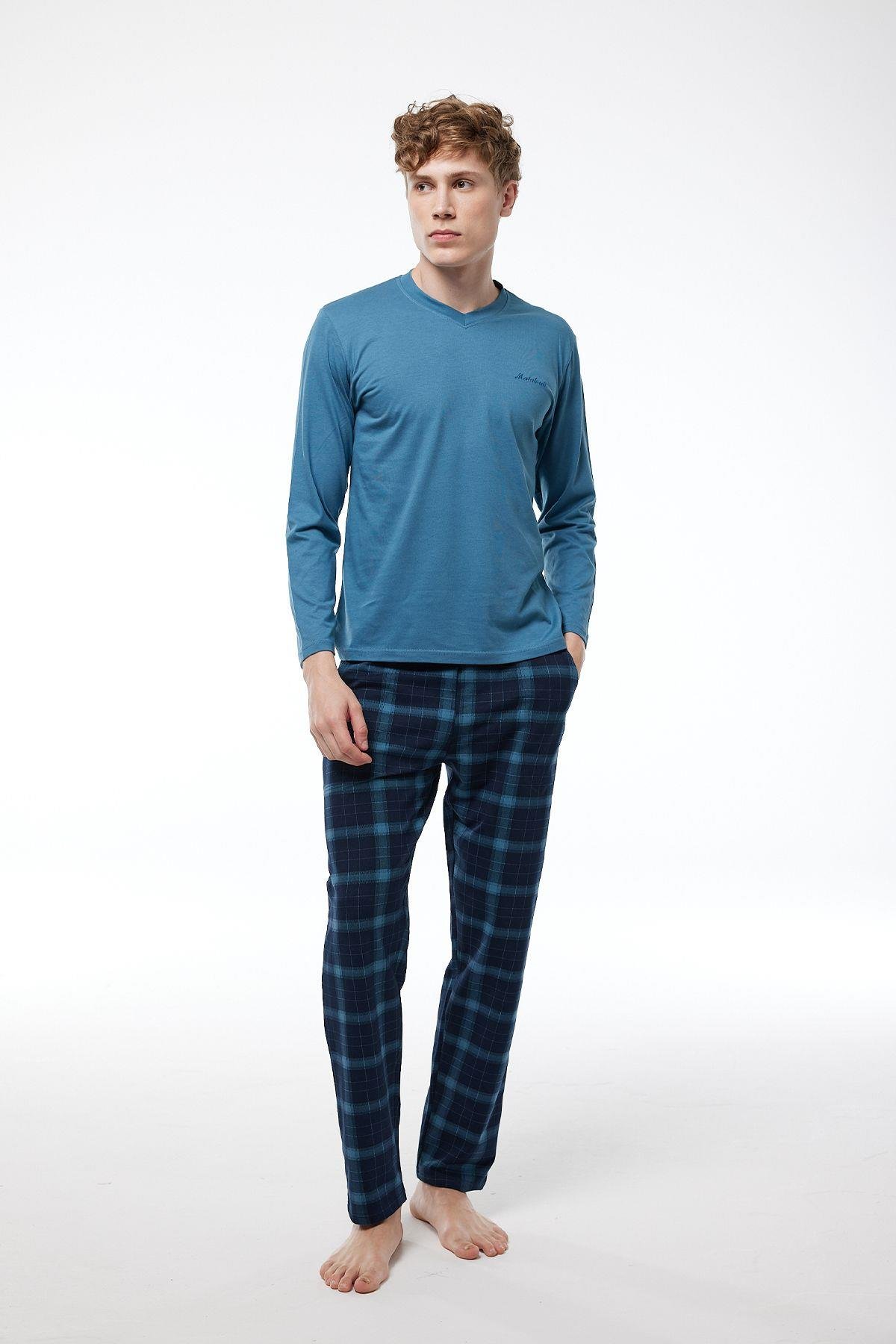 Füme Ekoseli Erkek Pijama Takımı V Yaka Kışlık Uzun Kollu Pijama 6014